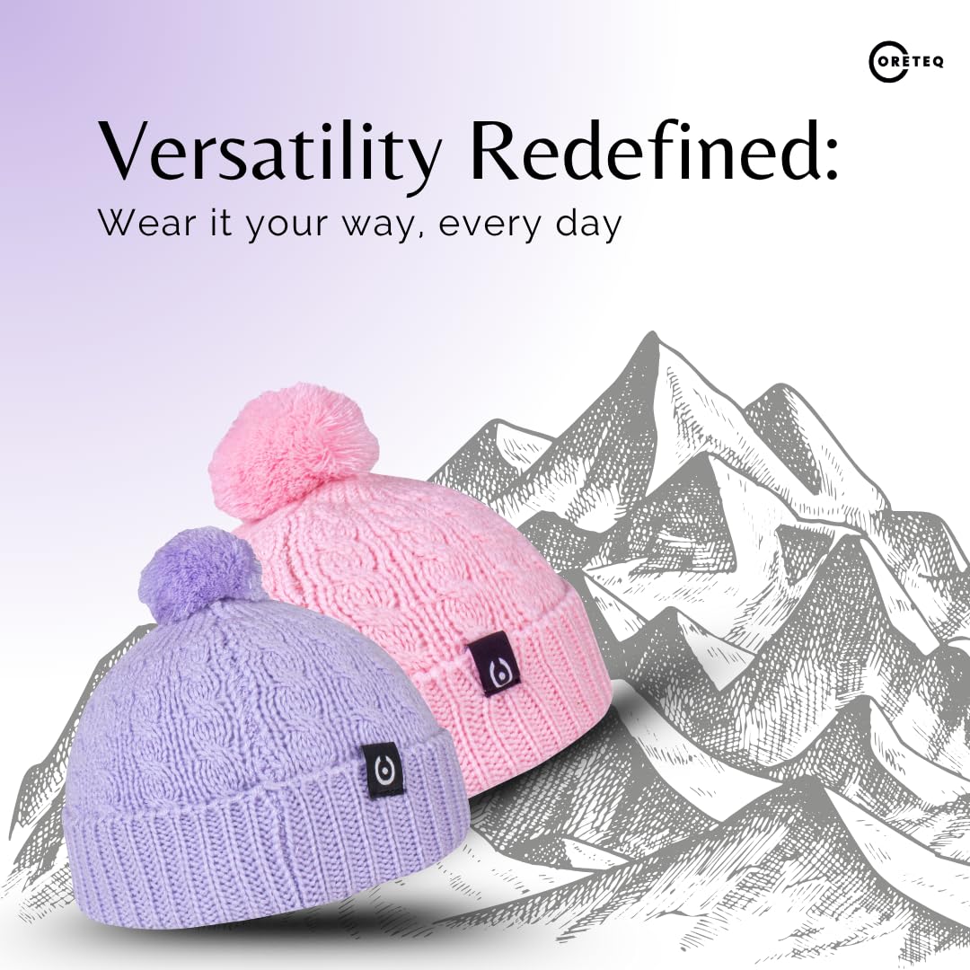Coreteq Kids Soft Wool Winter Beanie Cap with Pom - Soft, Cozy & Warm Garam Topi - Stylish Woollen Winter Wear Cap for Girls & Boys - Acrylic Wool, Kids, 4-10 Years, Lavender 3