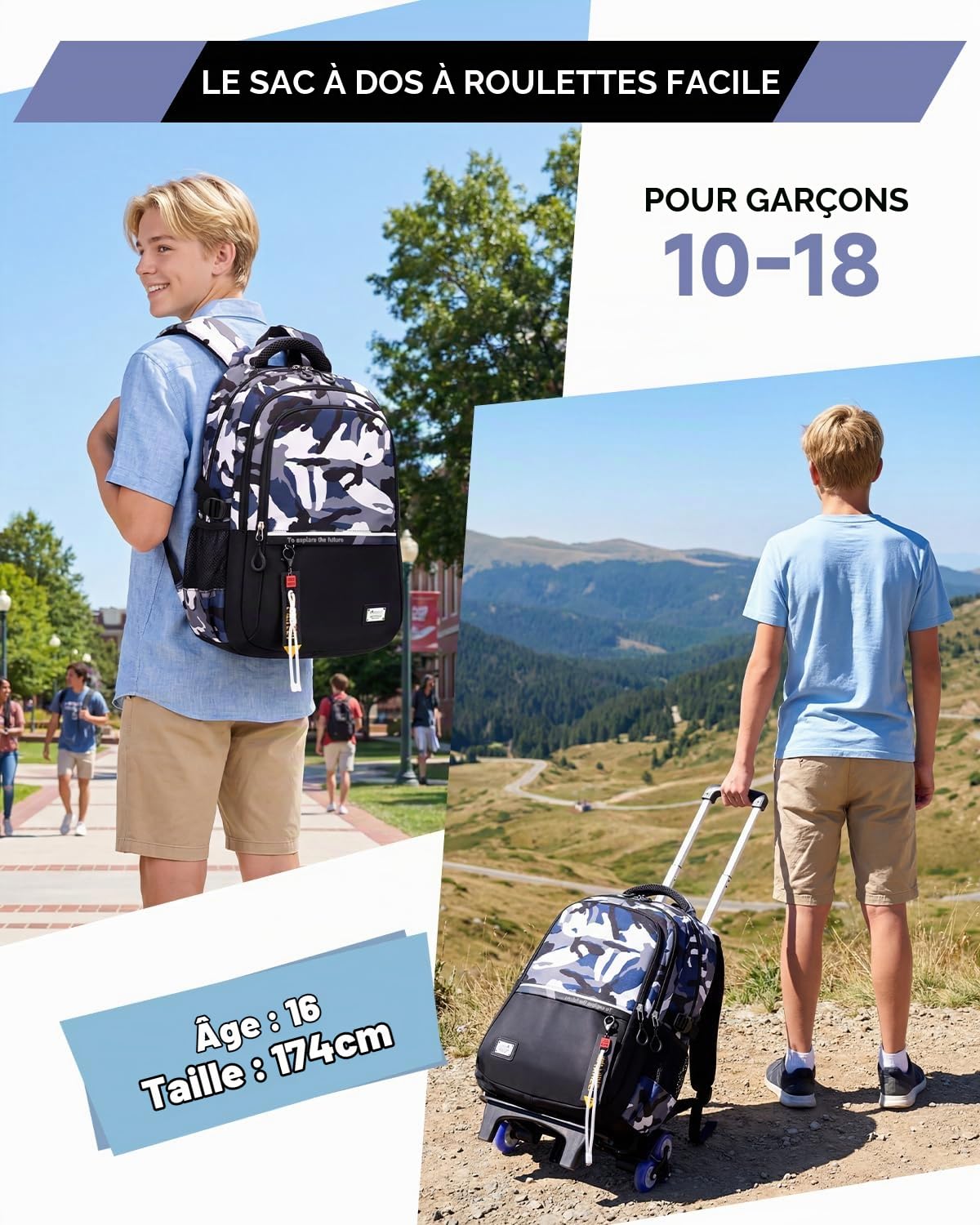 Amythe Cartable à Roulettes Garçon - Sac à Dos Scolaire Garçon avec Chariot Détachable pour Collège Lycée, Compartiment Ordinateur 15,6 Pouces, 6 Roues, Pour L'école Loisirs -Noir