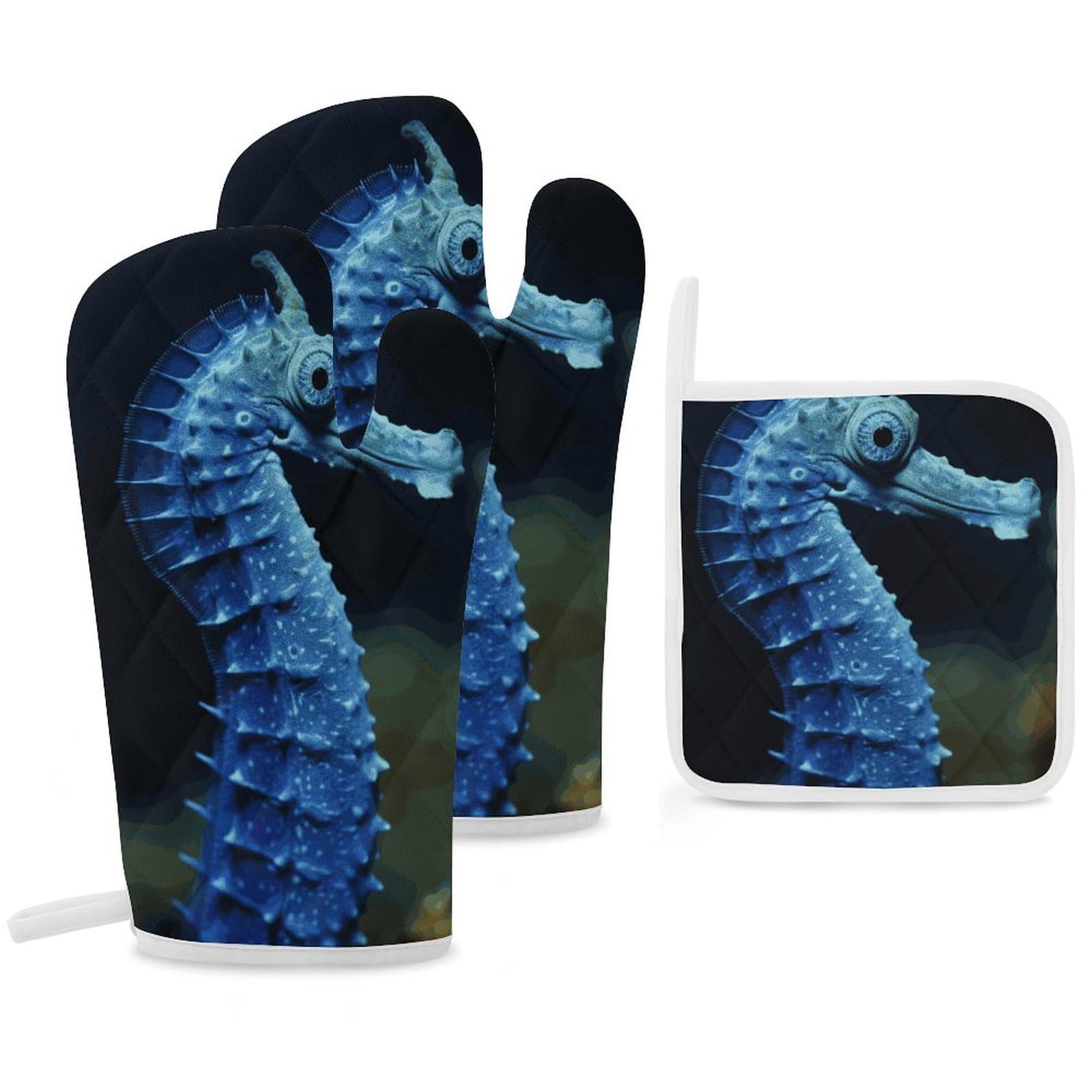Gants de cuisine isolants contre les brûlures motif hippocampe bleu