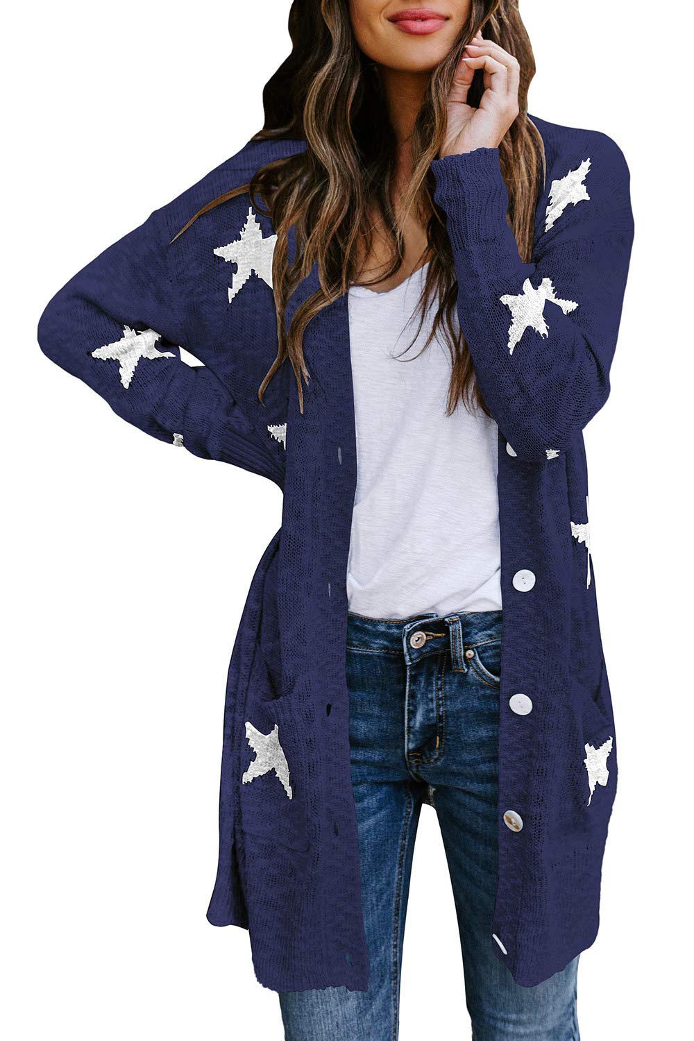 Womens Star Print Button Down Knit Open Front Cardigan Sweaters with Pockets