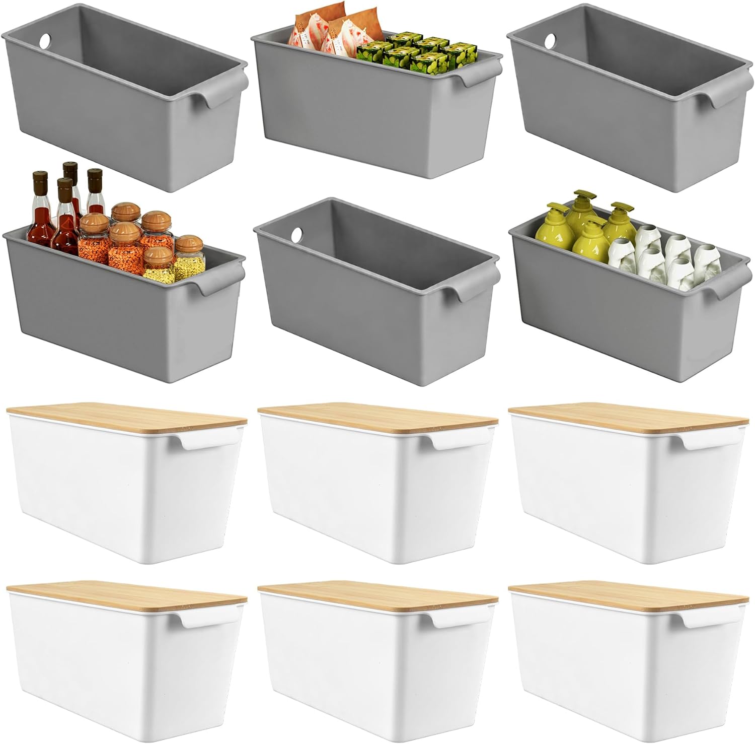 Plastic Storage Bins 12 Pack, Front Handle Design, 11"x5" Pantry Organization and Storage Open Top Baskets for Shelves Closet Cabinet Sink Counter Cupboard Drawer Rridge