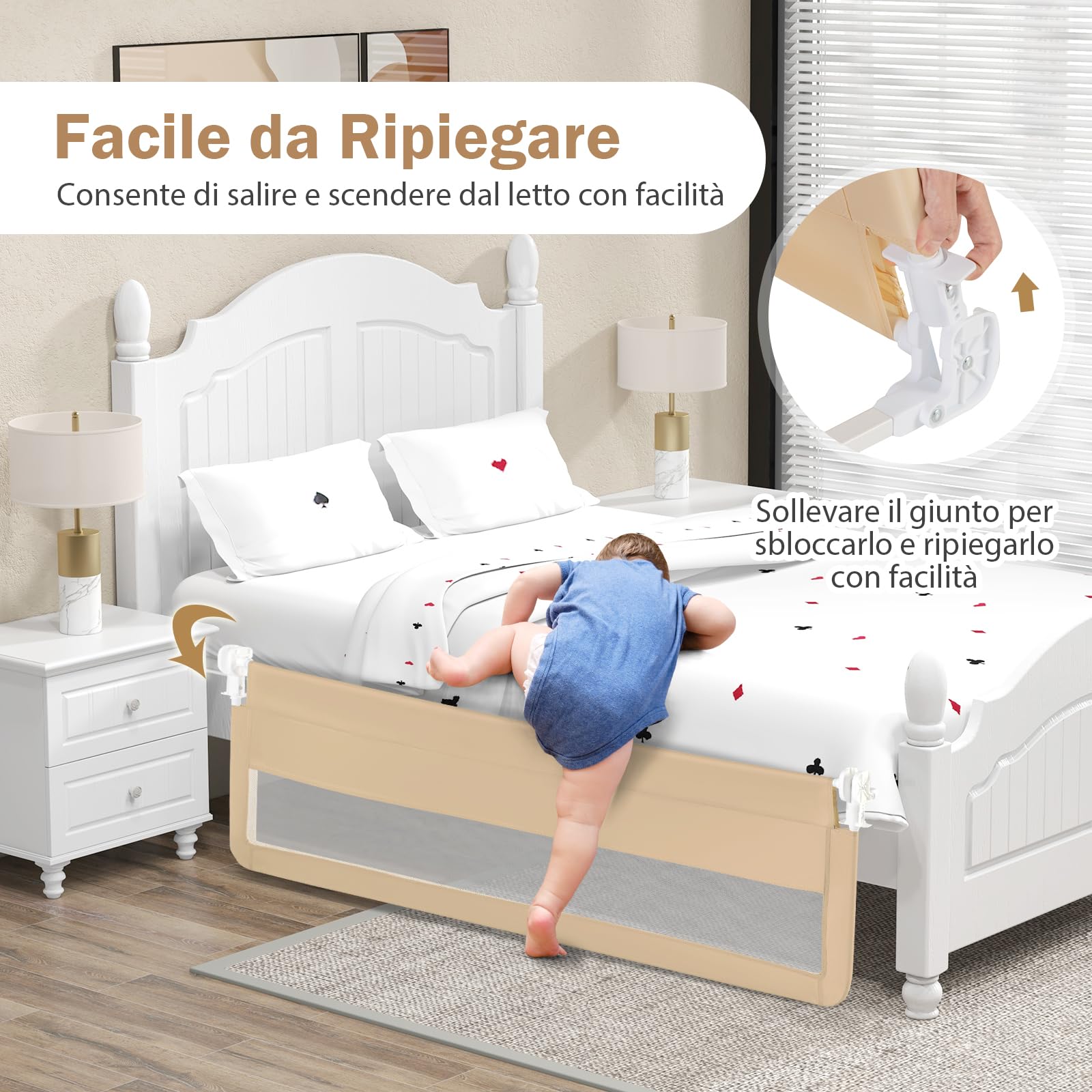 COSTWAY Barriera Letto per Bambini di 180 cm, Sponda di Sicurezza Pieghevole con Copertura Rimovibile, Rete Traspirante, Sbarra da Letto per Letti Singoli e Matrimoniali, 180 x 41 x 55 cm (Beige)