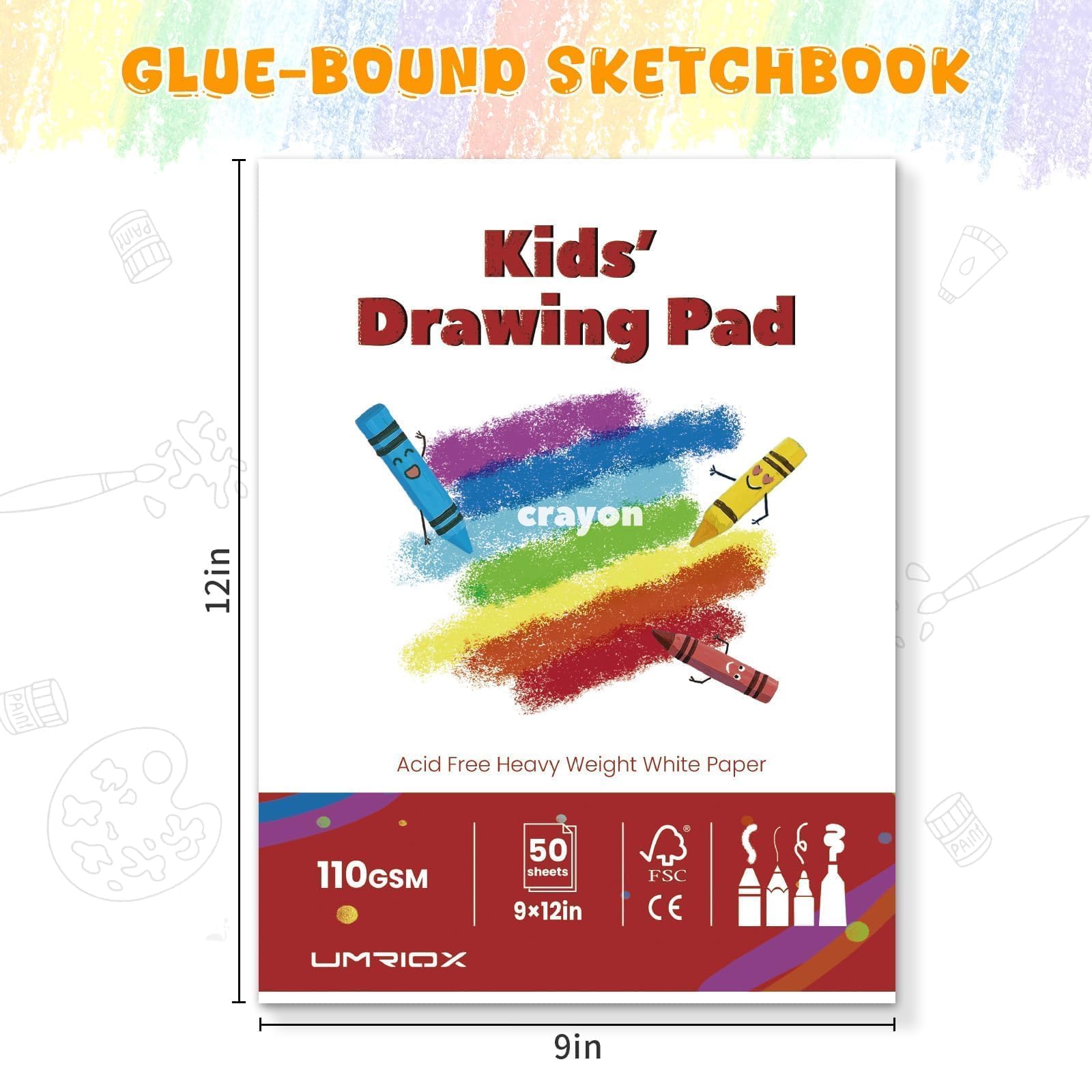 Umriox Blocco da disegno per bambini, 22,9 x 30,5 cm, confezione da 4 blocchi da disegno (50 fogli ciascuno), carta da disegno priva di acidi da 110 g/m², album da disegno rilegato con colla, per