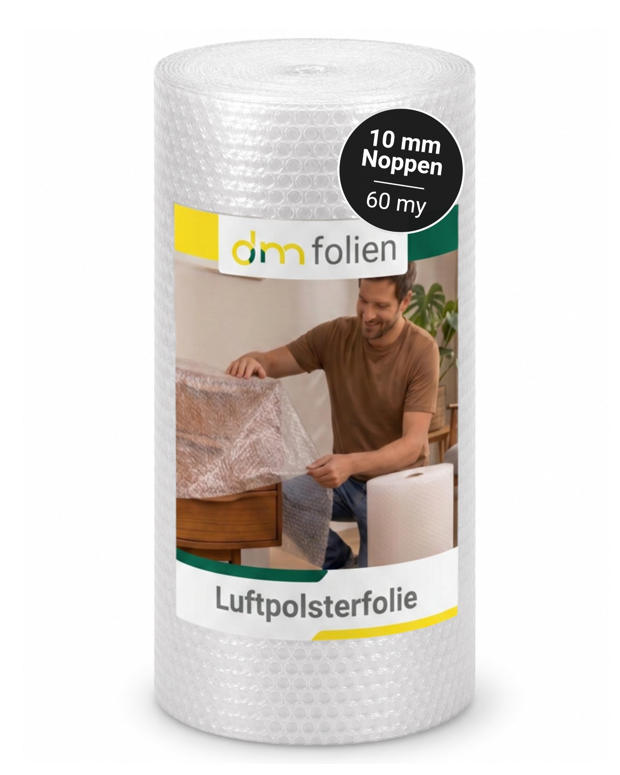 dm-folien Jumborolle Luftpolsterfolie I 1 x 50 m I 10 mm Noppen I 2-lagige, reißfeste & stoßdämpfende Verpackungsfolie I 60 my Noppenfolie für Versand, Umzug & Transportschutz