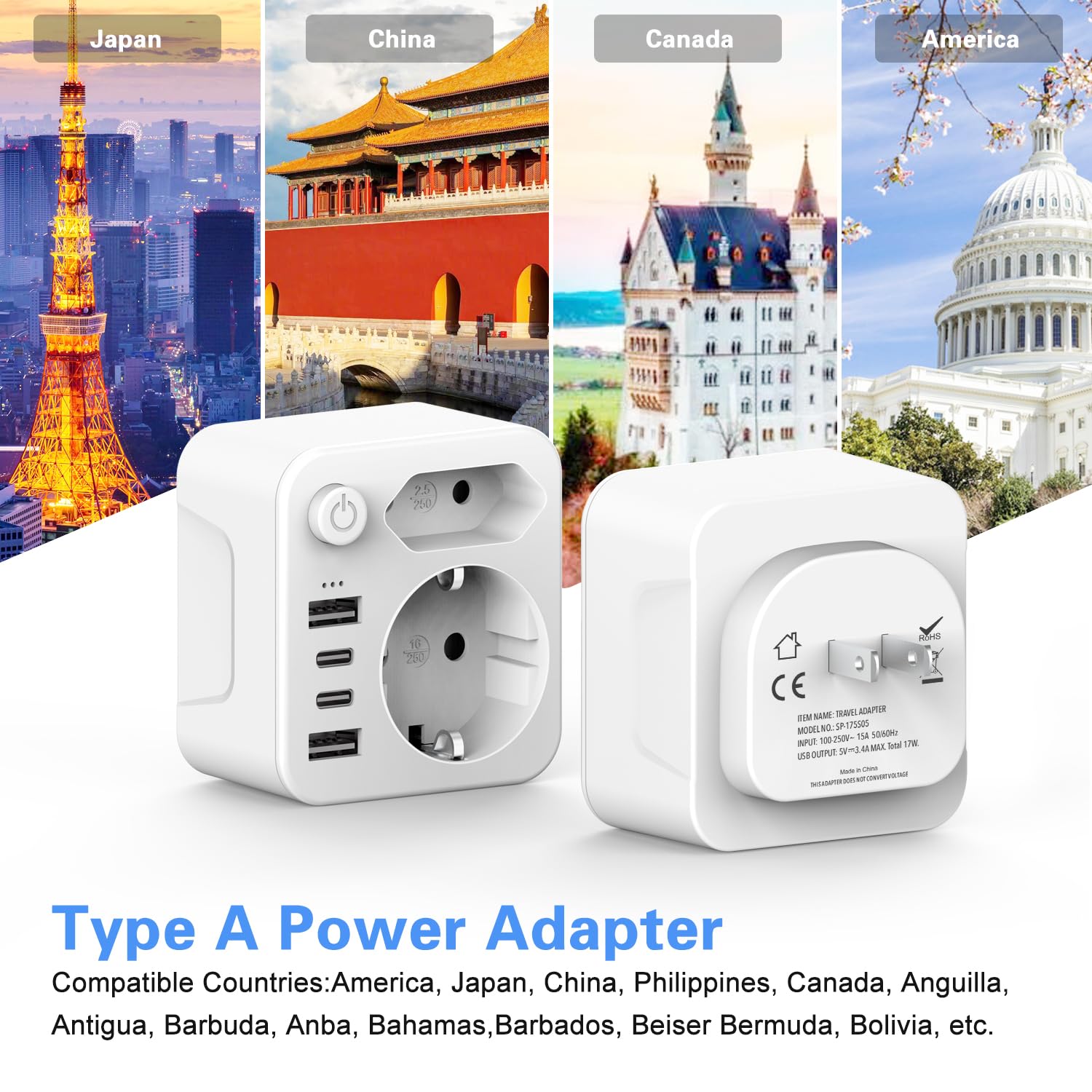 Adattatore da viaggio Giappone adattatore da viaggio USA, adattatore USA, adattatore da 2 prese, adattatore da viaggio, spina Schuko su tipo A per Stati Uniti, Giappone, Canada, bianco