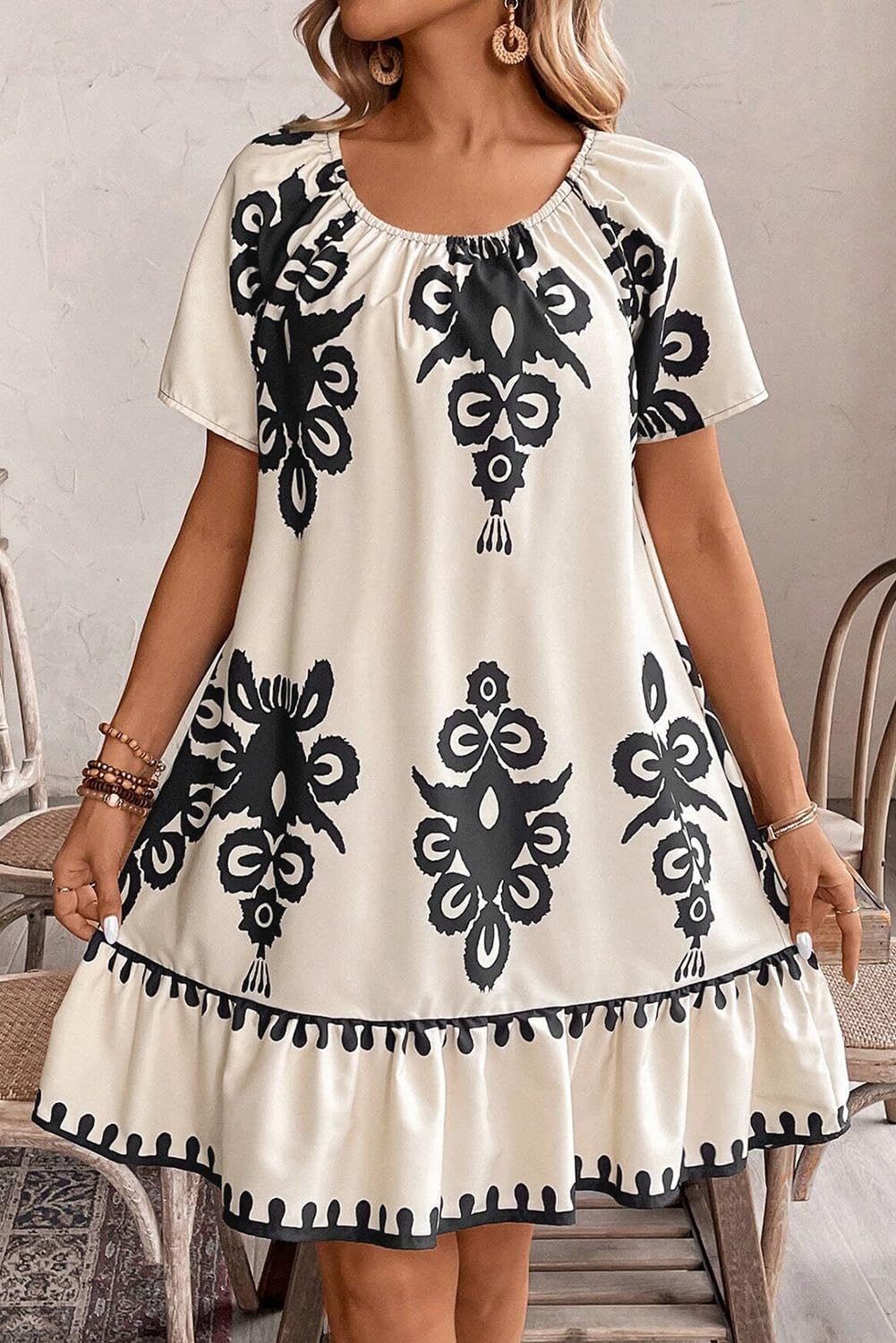 Women's Apricot Western Print Ruffled Short Sleeve Loose Dress