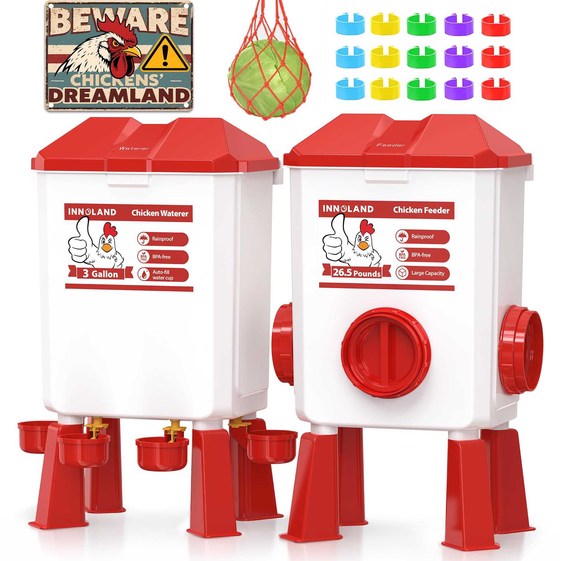 Chicken Feeder and Waterer Set - 3 Gallon/26.5 Pounds, Automatic Chicken Waterer with 4 Cups & 3 Feeder Ports, No Waste Poultry Feeders & Waterers, Chickens Coop Accessories for Hens/Ducks/Poultry