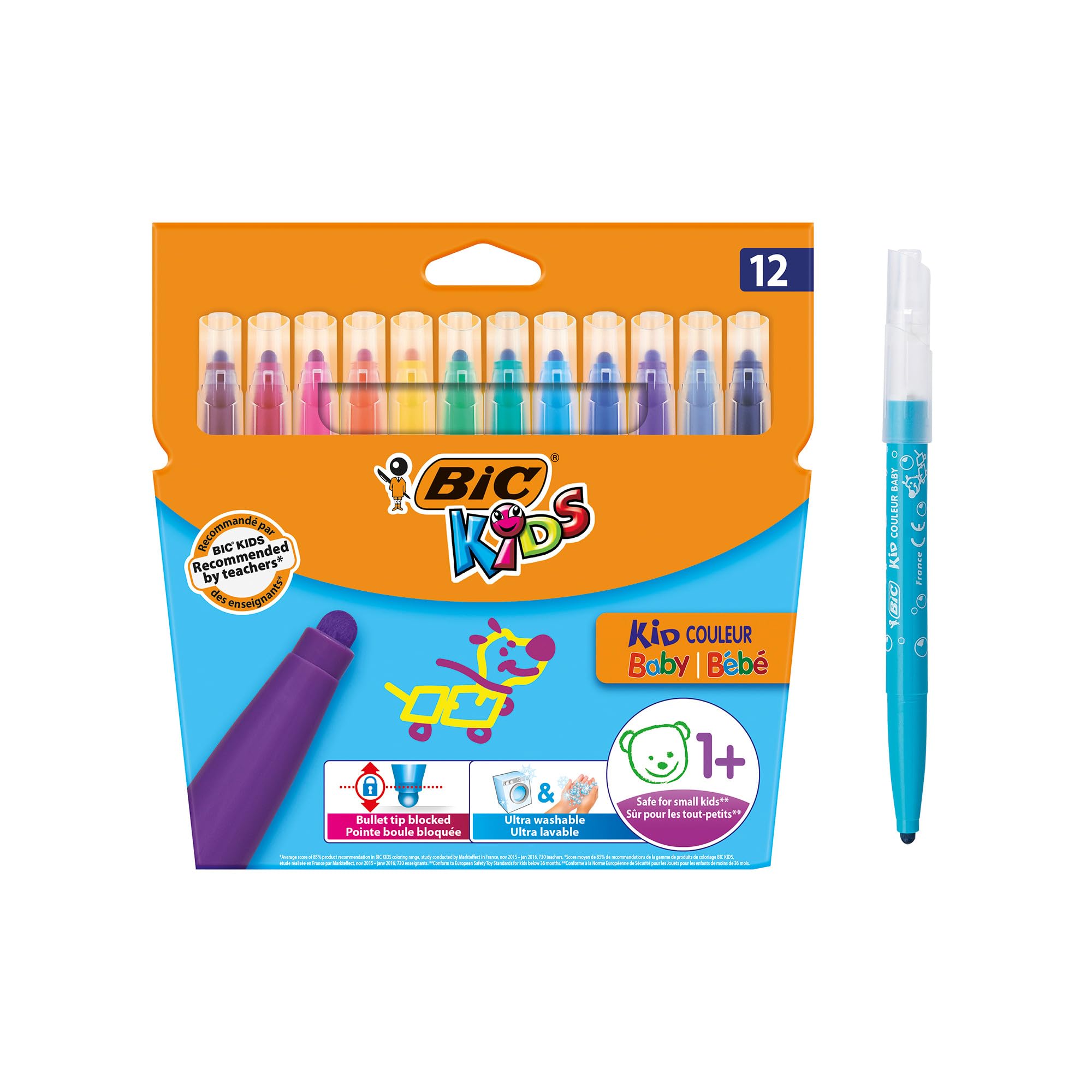 BIC Kids Kid Couleur Baby Rotuladores Punta Extra Ancha - Colores surtidos, Blíster de 12 Unidades – rotuladores lavables para niños a partir de 1 año
