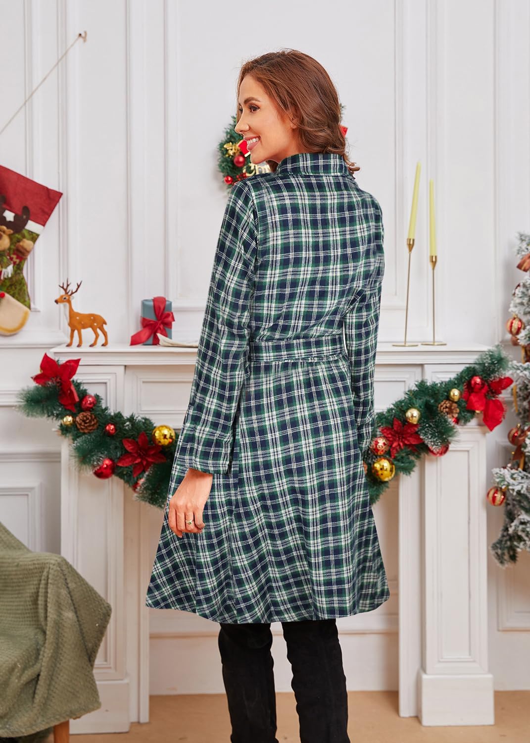 FANCYINN Women Long Sleeve Plaid Pattern Tunic Tops Shirt Casual Dress - Image 3