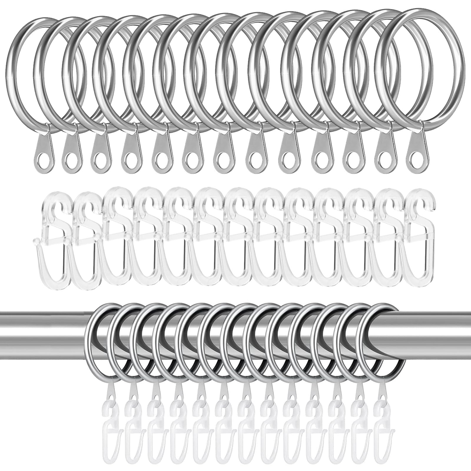 Jizxol Vorhangringe schwarz, 40 Stücke Metall Gardinenringe und 40 Stücke Kunststoff Vorhang Haken, Gardinenringe mit haken, für Fenster Tür Duschvorhang für Schienen, 30 mm Innendurchmesser. (Silver)
