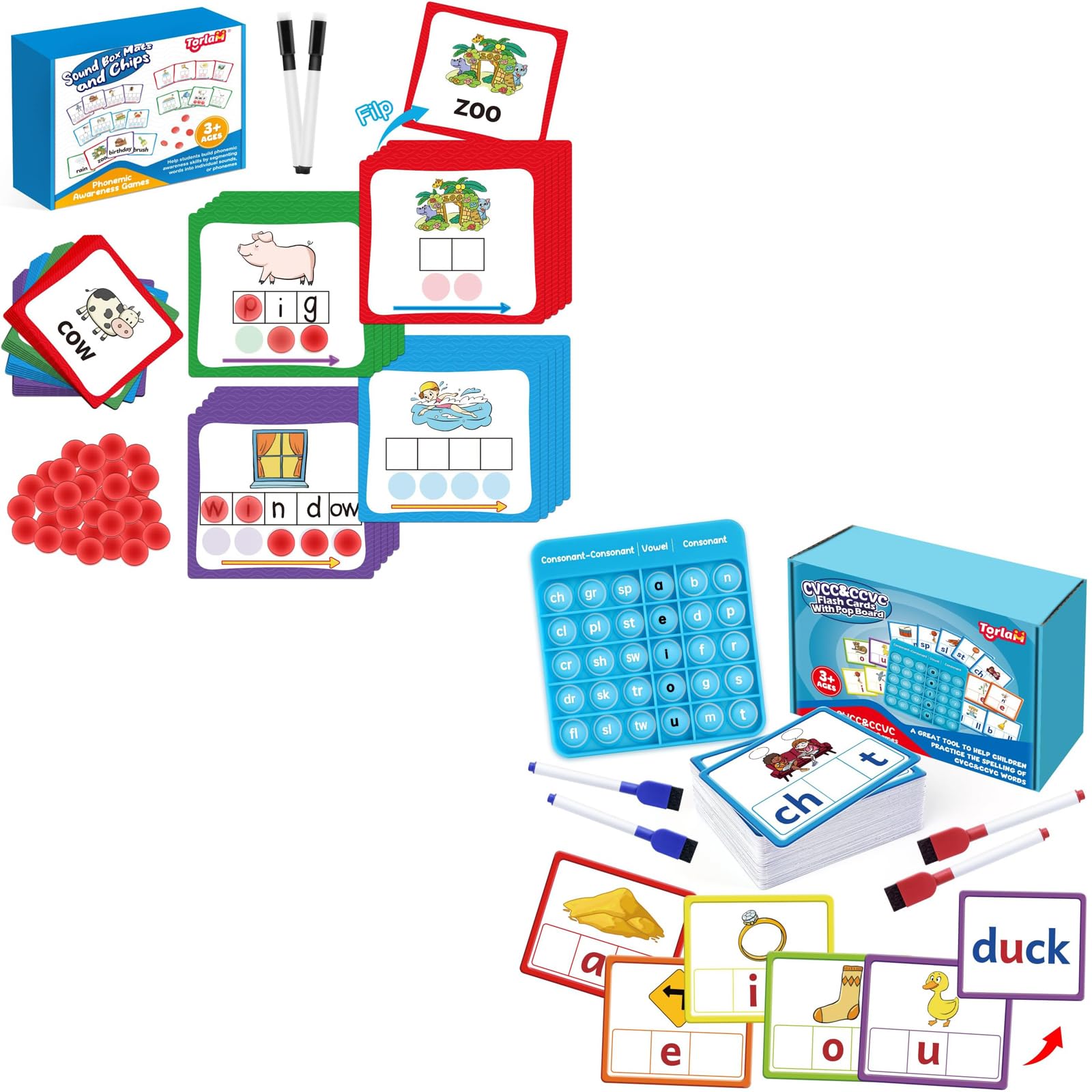 Torlam Elkonin Boxes Phonemic Awareness Phonics Games, CVCC & CCVC Word Games, Sight Words Flash Cards, Spelling Reading Learning Flashcards Kindergarten Classroom Must Have Learning