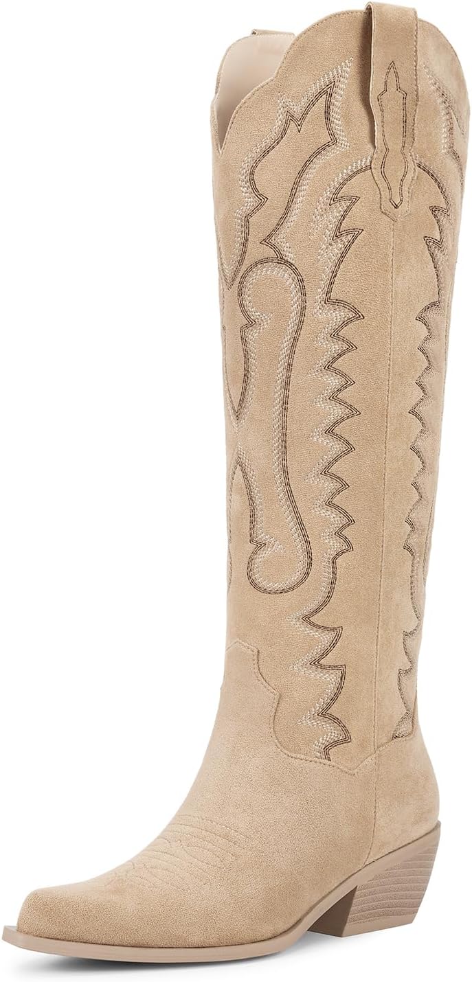 wetkiss Cowboy Boots for Women Knee High Cowgirl Boots, Western Boots with Floral Embroidered Pointed Toe Chunky Heel Pull On Retro Vintage Classic Tall Boots for Ladies