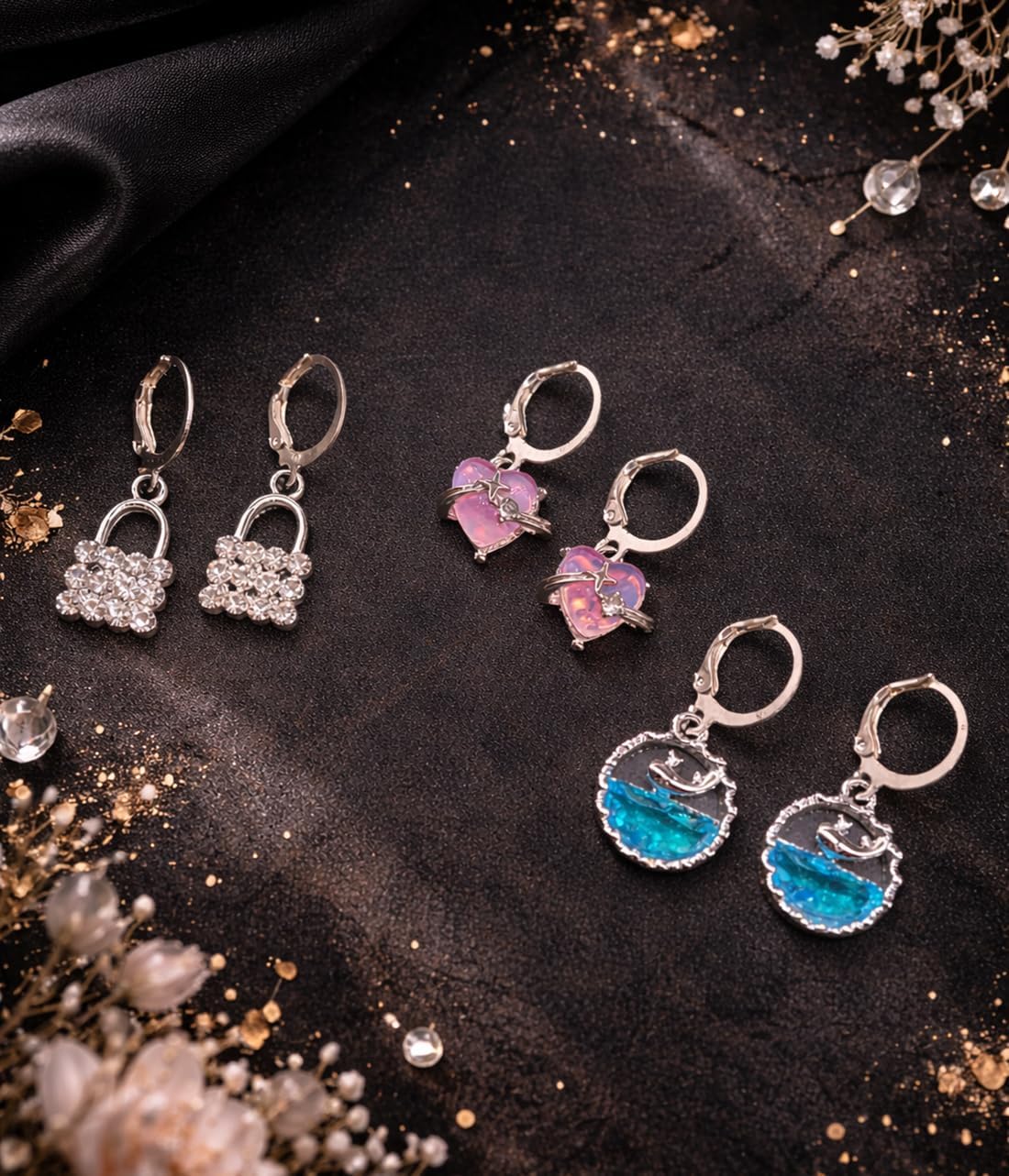 Crystal Dangle Hoop Earrings Set, Silver Tone, Heart Lock, Dolphin, Teardrop Designs, Multiple Pairs