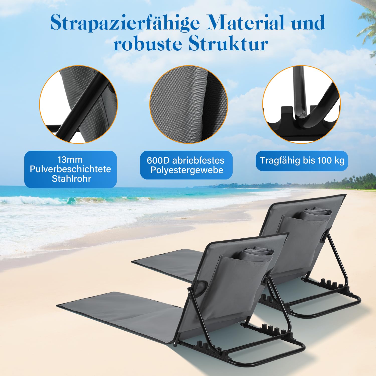 Ikodm Mata plażowa, 2 x mata plażowa, składana, z 5-stopniową regulacją oparcia, przenośna, łącznie z torbą do noszenia, mata plażowa na urlop, do ogrodu, na kemping – szara