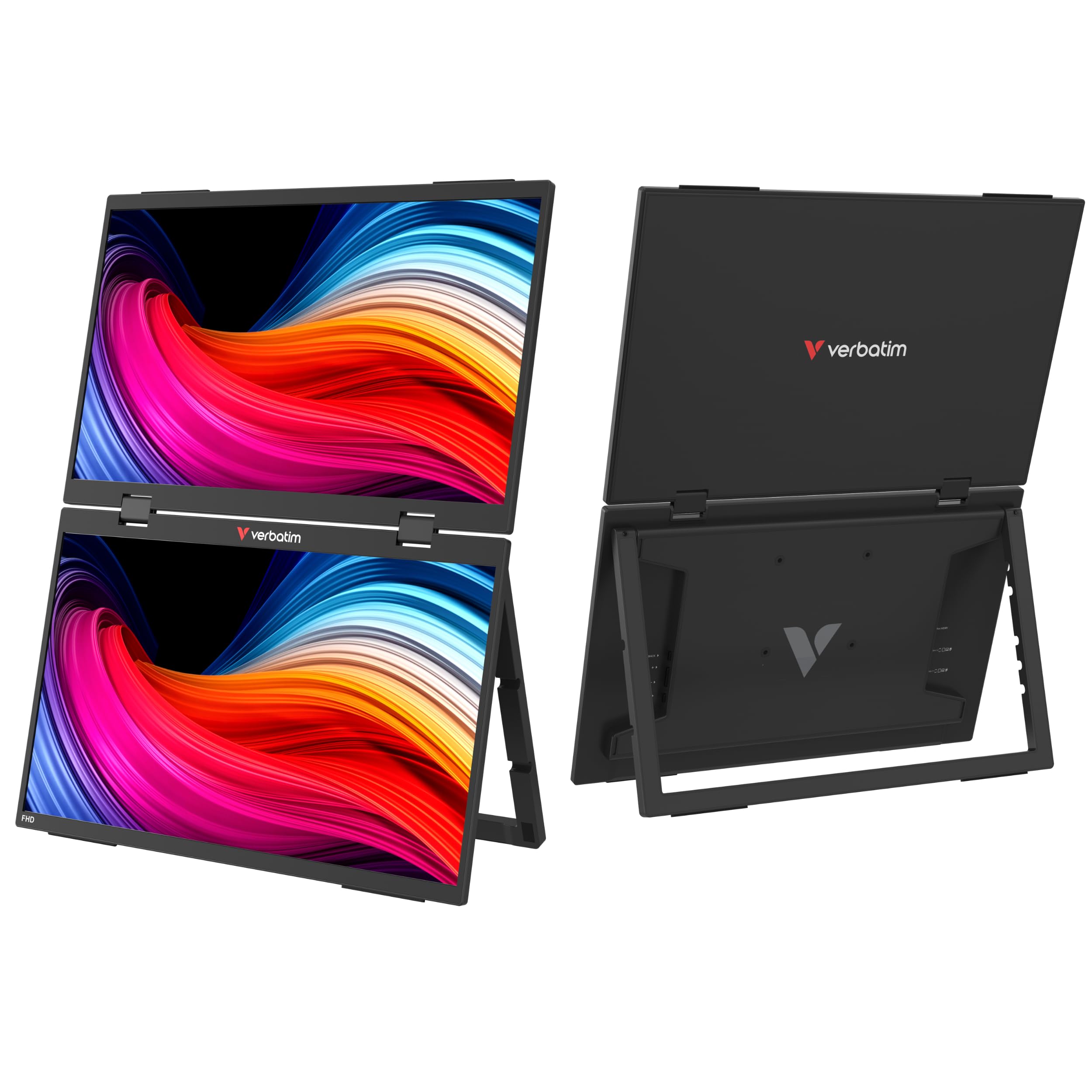 Verbatim Dual Portable Monitor mit Zwei Bildschirmen 15,6", mobiler Full HD Bildschirm aus Kunststoff für Laptop, Tablet, PS5, Nintendo Switch mit 2X USB-C und einem HDMI-Anschluss