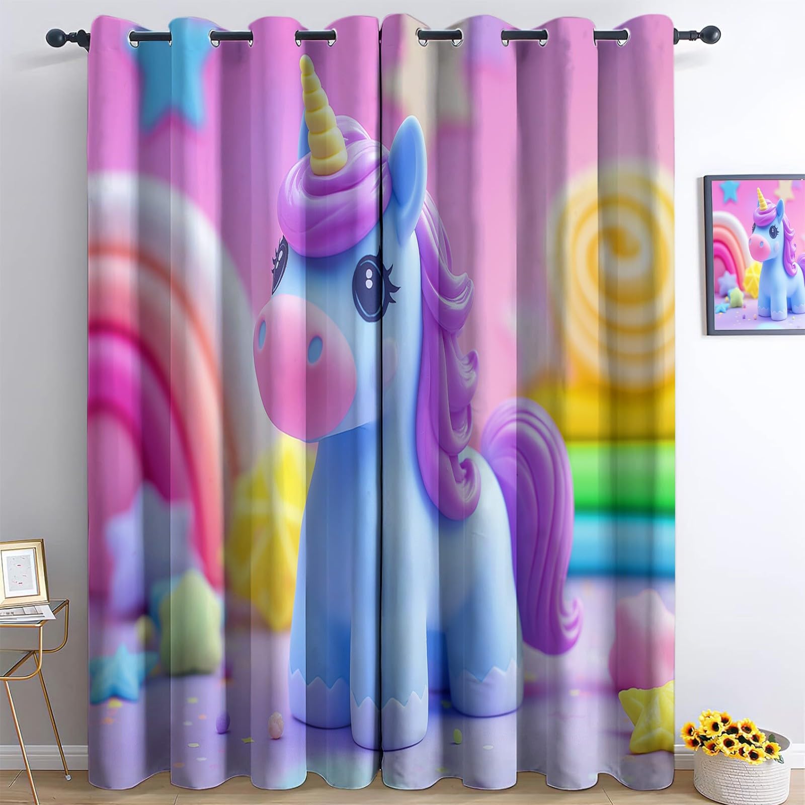 Générique Rideaux Occultants Licorne Arc en Ciel Dessin Animé, Rideaux Imprimé Isolant Thermique Anti Froid - Draperies Polyester Oeillet Couleur pour Chambre Salon Décoration Lot de 2 75L x 166H cm