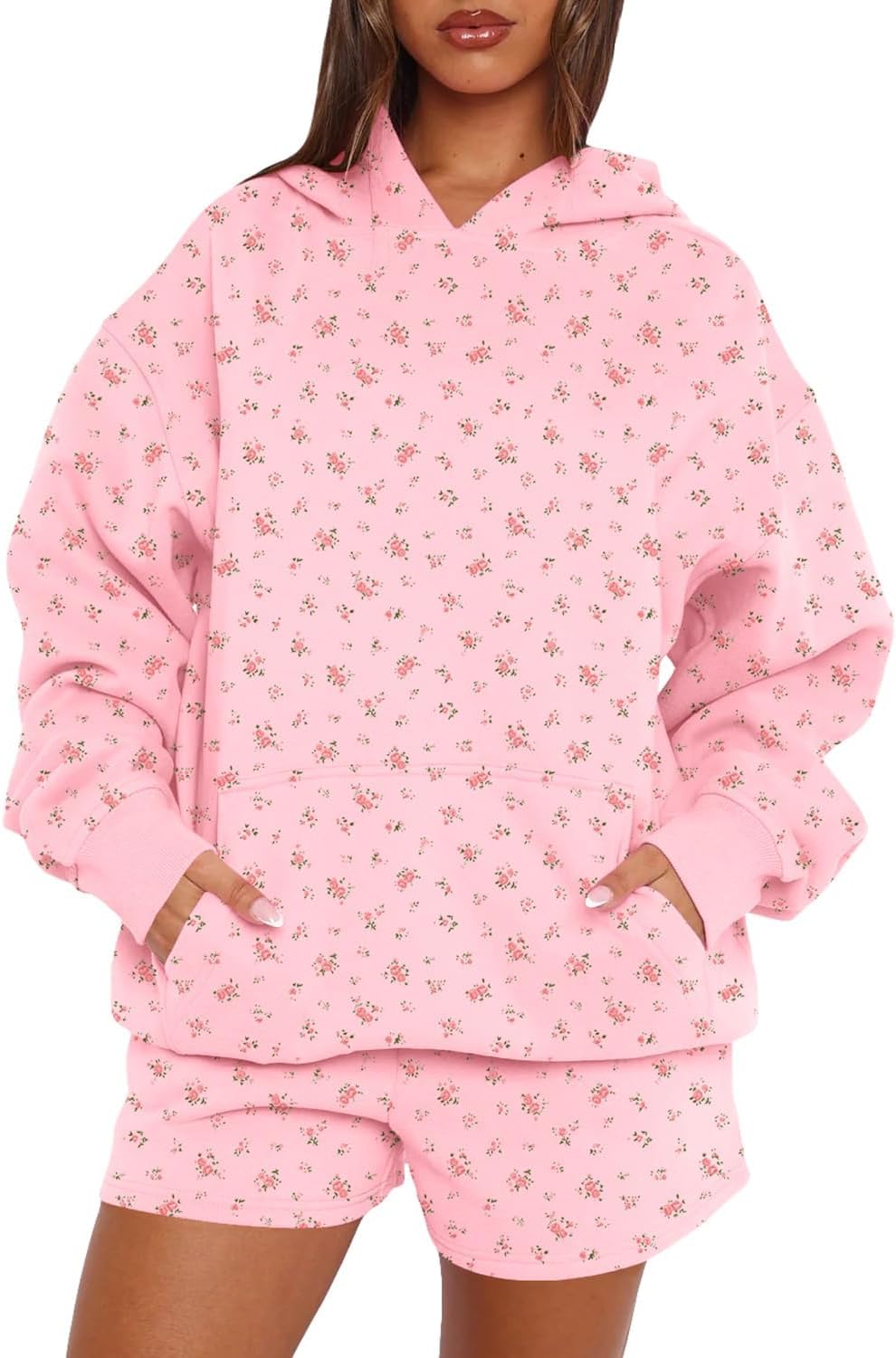 Womens Oversized Ditsy Floral Hoodie Loose Crewneck Fleece Hooded Sweatshirt Y2k Pullover Tops Fall Winter Outfits - Image 2