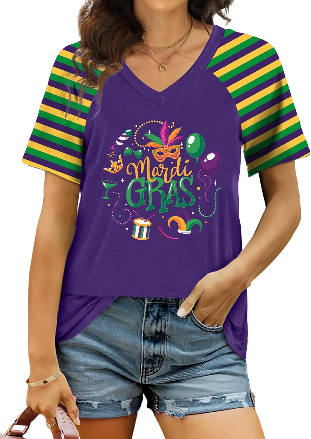 VVNTY Mardi Gras T Shirt for Women: Funny Fat Tuesday Carnival Shirts New Orleans Party V Neck Tee Tshirt