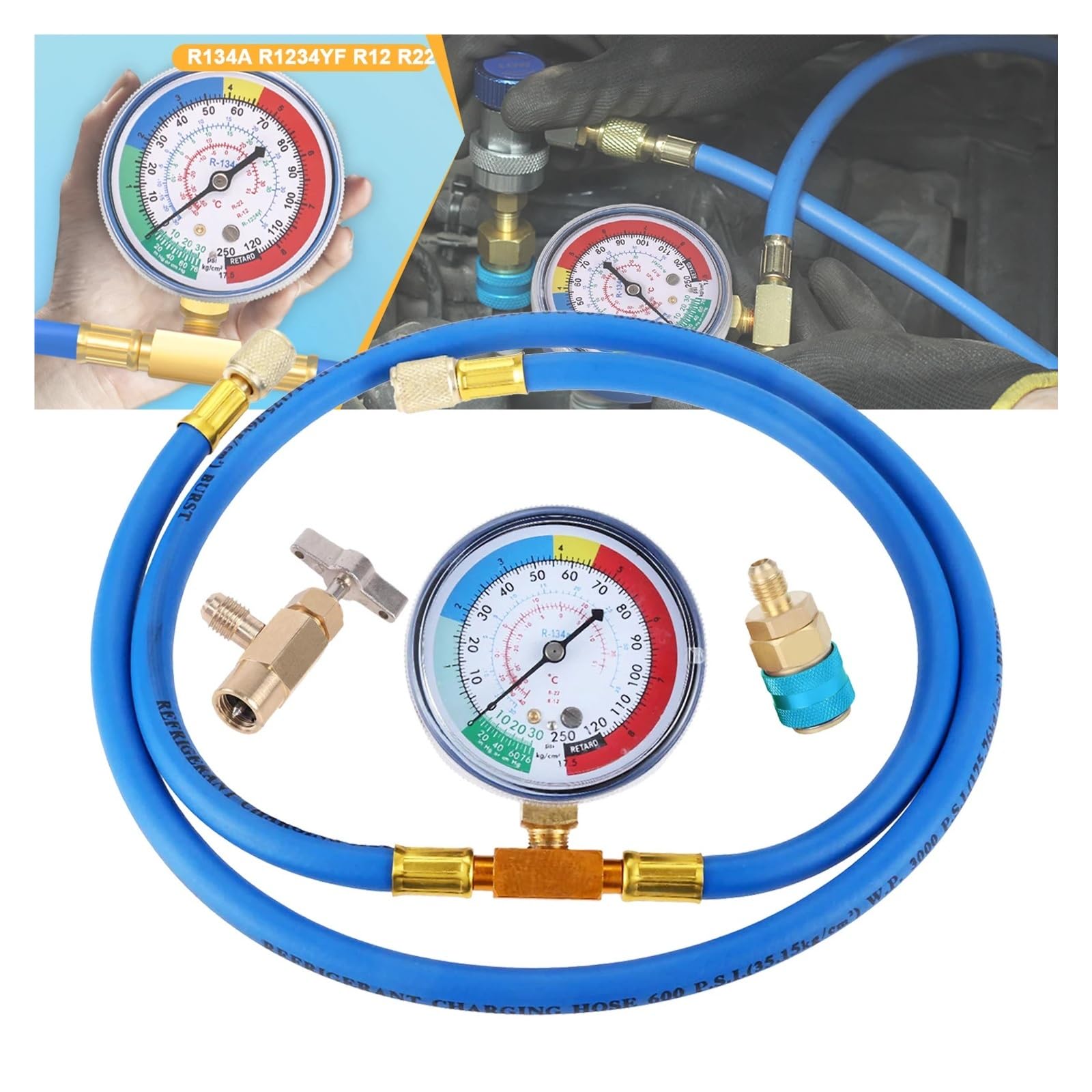 Kit de Manguera de Recarga de Aire Acondicionado R134A con manómetro, Manguera de Carga de refrigerante, Recarga de Gas for automóvil Lecturas estables | Length 150 cm