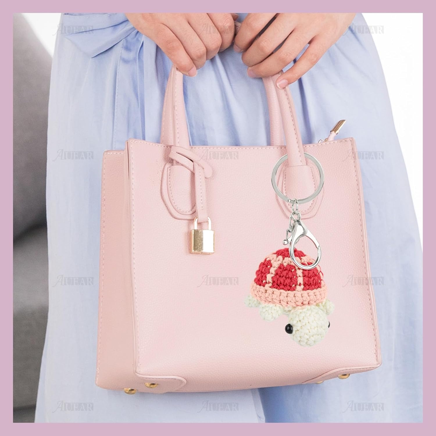 AUEAR, 3 Pack Turtle Crochet Keychain Handmade Knitting Cute Sea Animal Key Ring for Car Key Handbag Decoration (Green & Purple & Pink) - Image 2