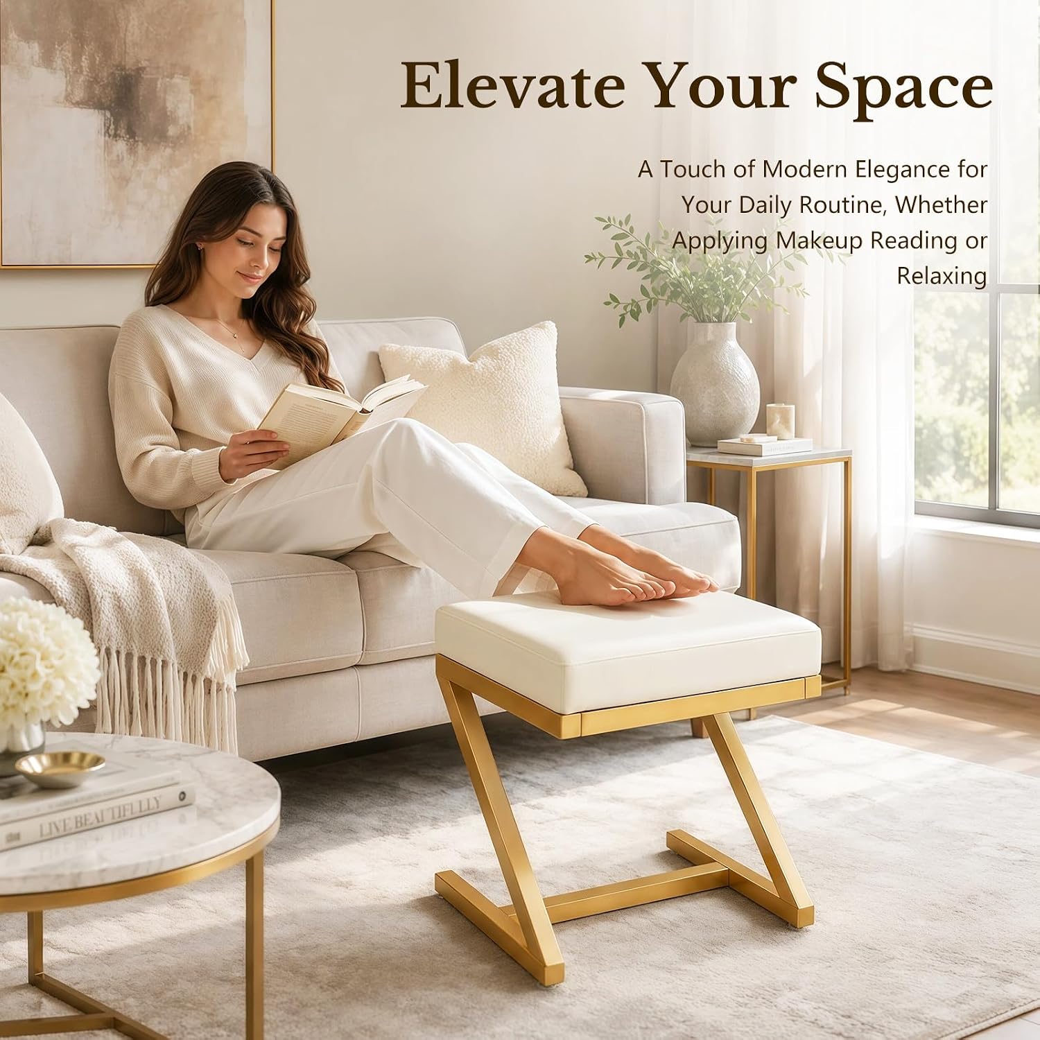 Makeup Vanity Stool Chair - Small Backless Leather Ottoman Bench Gold image 4