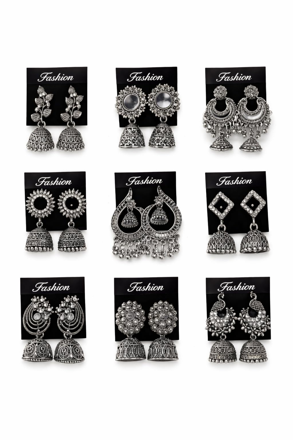 Traditional Oxidised Silver-Tone Jhumka Earrings Set For Women | Stylish Earring Set | Ethnic Indian Danglers | Ideal Jewellery Gift Set For Sister, Wife & Friends - Multi Pack Of 9-image-7