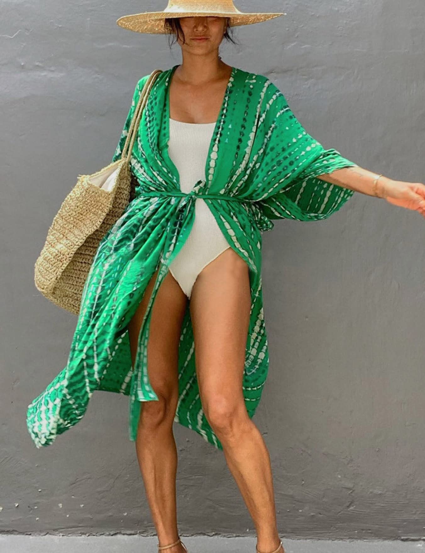 Mujer Kaftan Vestido de Playa Tie Dye Algodón Cárdigan Maxi Kimono Pareos y Camisola Camisas Playa Bohemia Boho Suelto Verano Traje de Baño Bikini Cover Up Talla Grande Elegante