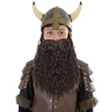 Long Curly Brown Wizard Dwarf Fake Beard with Handlebar Mustache Costume Facial Hair for Cosplay Party Halloween