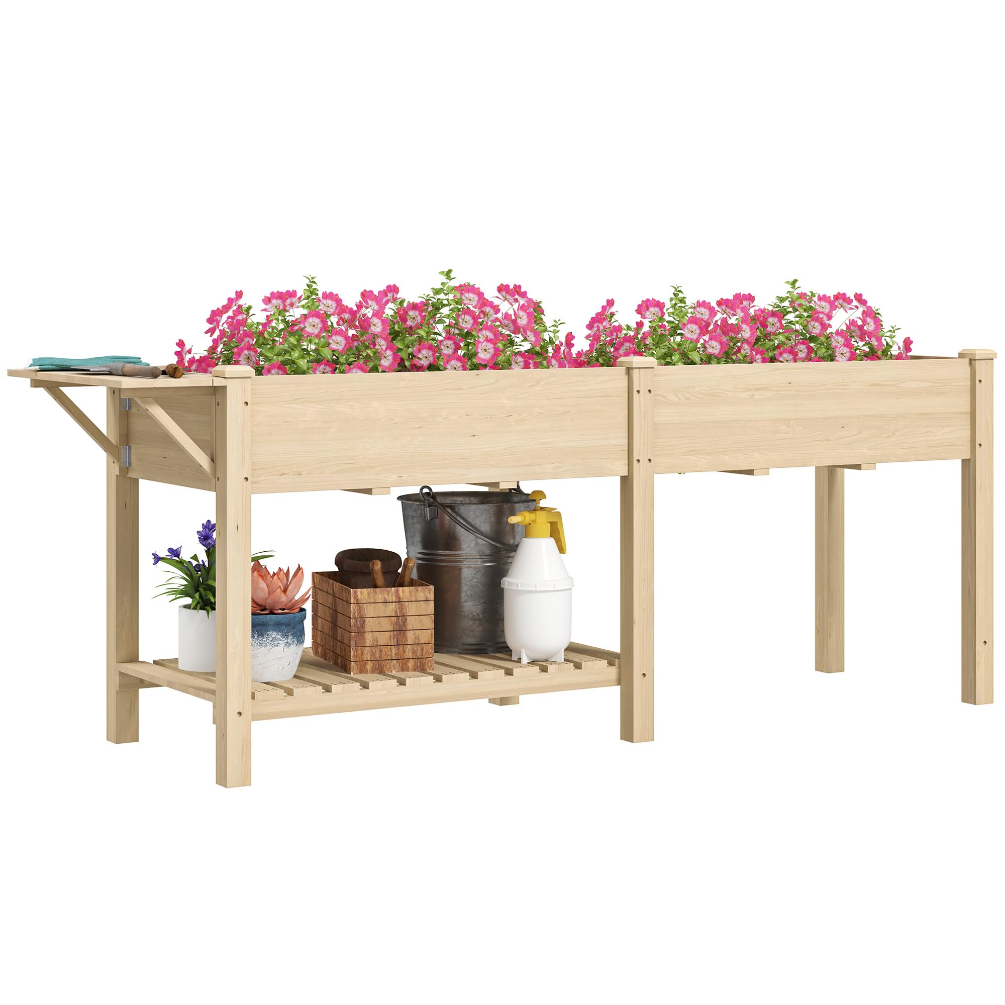 Outsunny Jardinière sur Pieds 2 Bacs 207 x 59 x 78 cm Bois Naturel | Carré Potager de Jardin sur Pieds, 2 Bacs avec Séparateur, Tablette Pliable, Potager Surélevé en Bois pour Fleurs