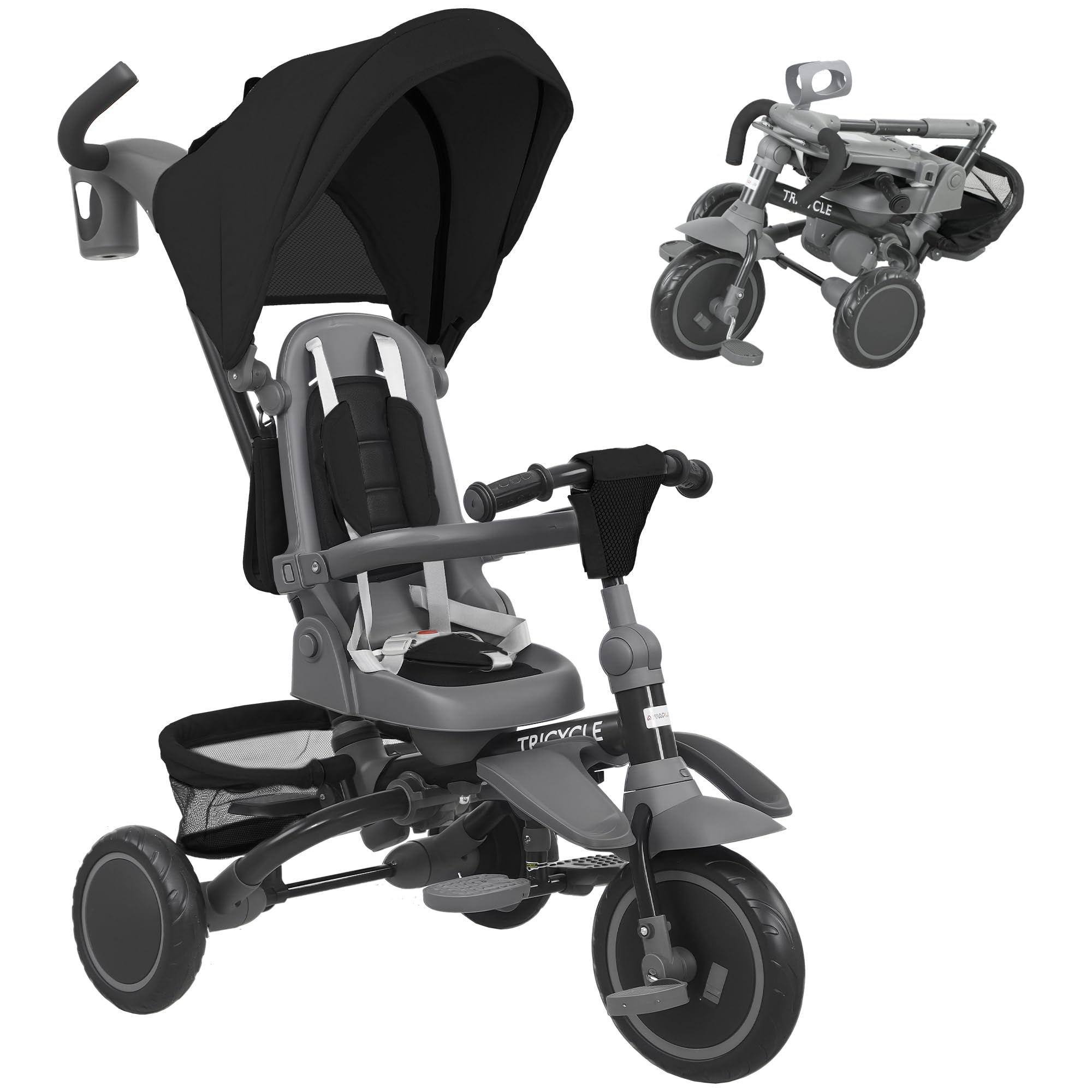 Aiyaplay Black 6 In 1 Kids Trike, Toddler Tricycle With Parent Handle,