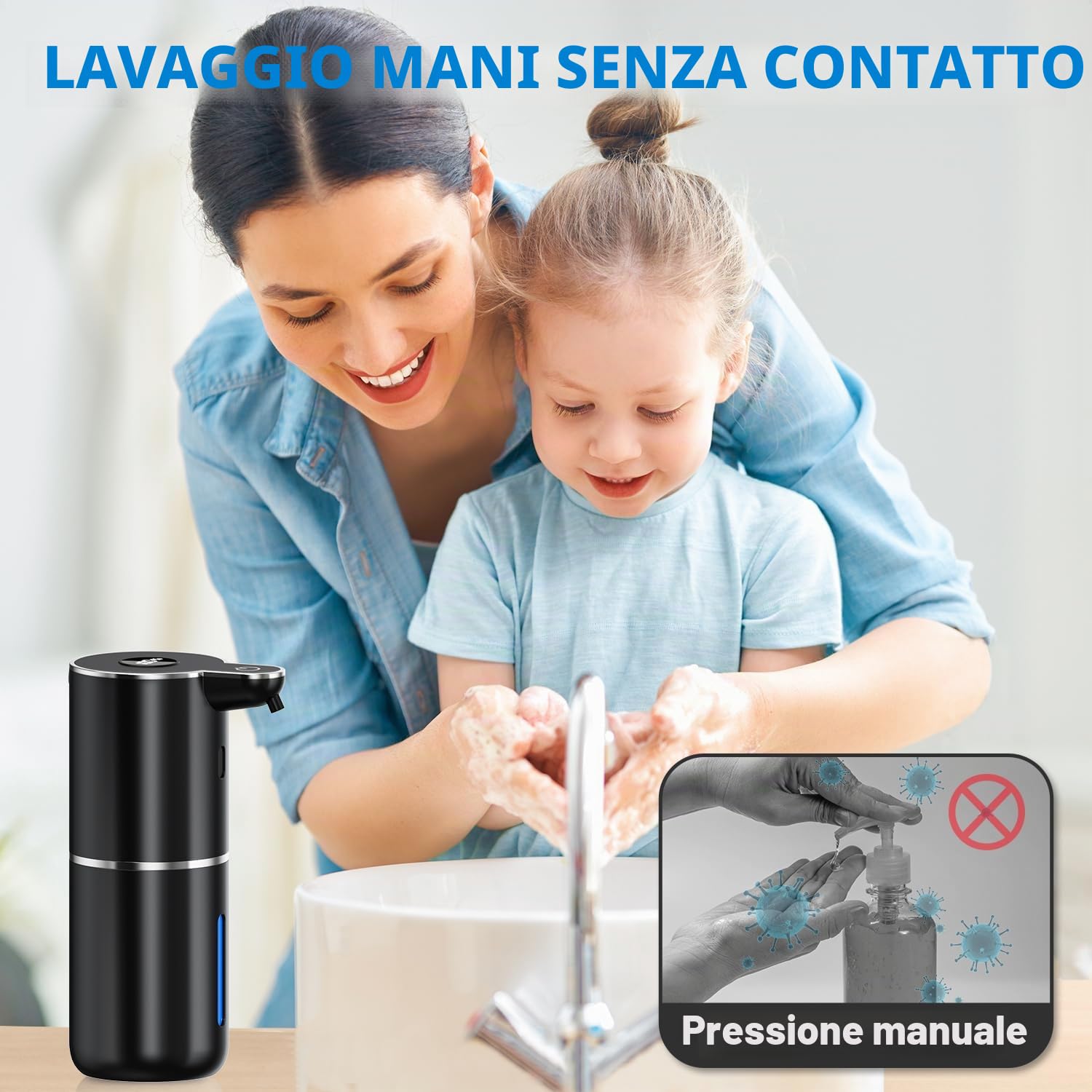Fachixy Dispenser Sapone Automatico con Display Digitale, Touchless, Montaggio a Parete Dispenser Sapone Bagno, Ricaricabile, 380ml, IPX5 Impermeabile per Bagno, Cucina