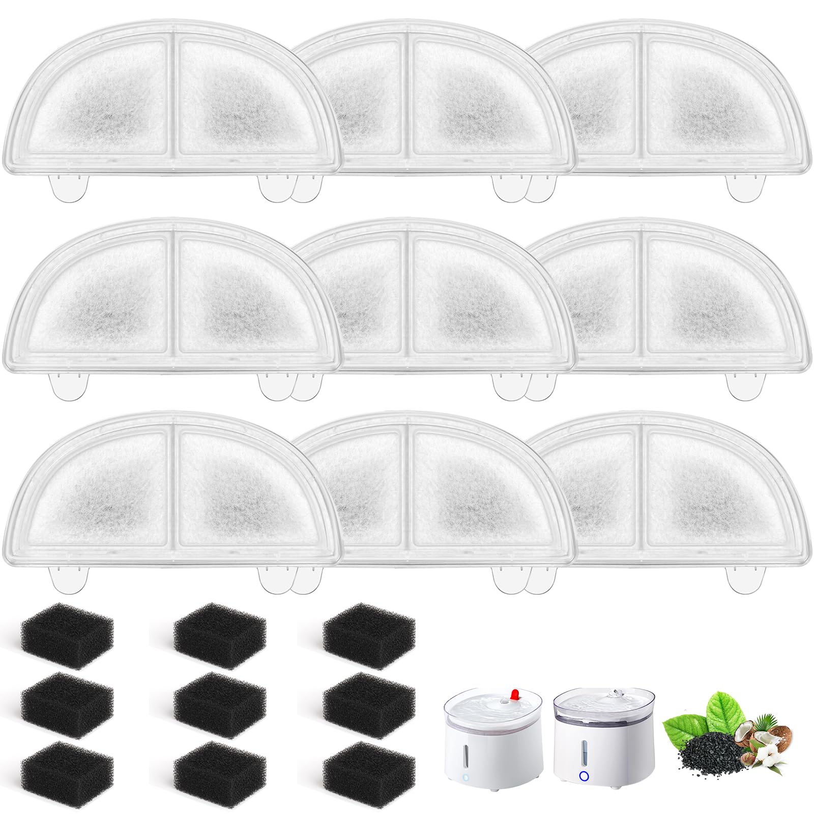 Cat Water Fountain Filter Replacement, Parner Triple Filtration System Pet Water Fountain Filter for WF20/CF20 Wireless Pumps Cat Water Fountain, 9 Pack Filter & 9 Sponges