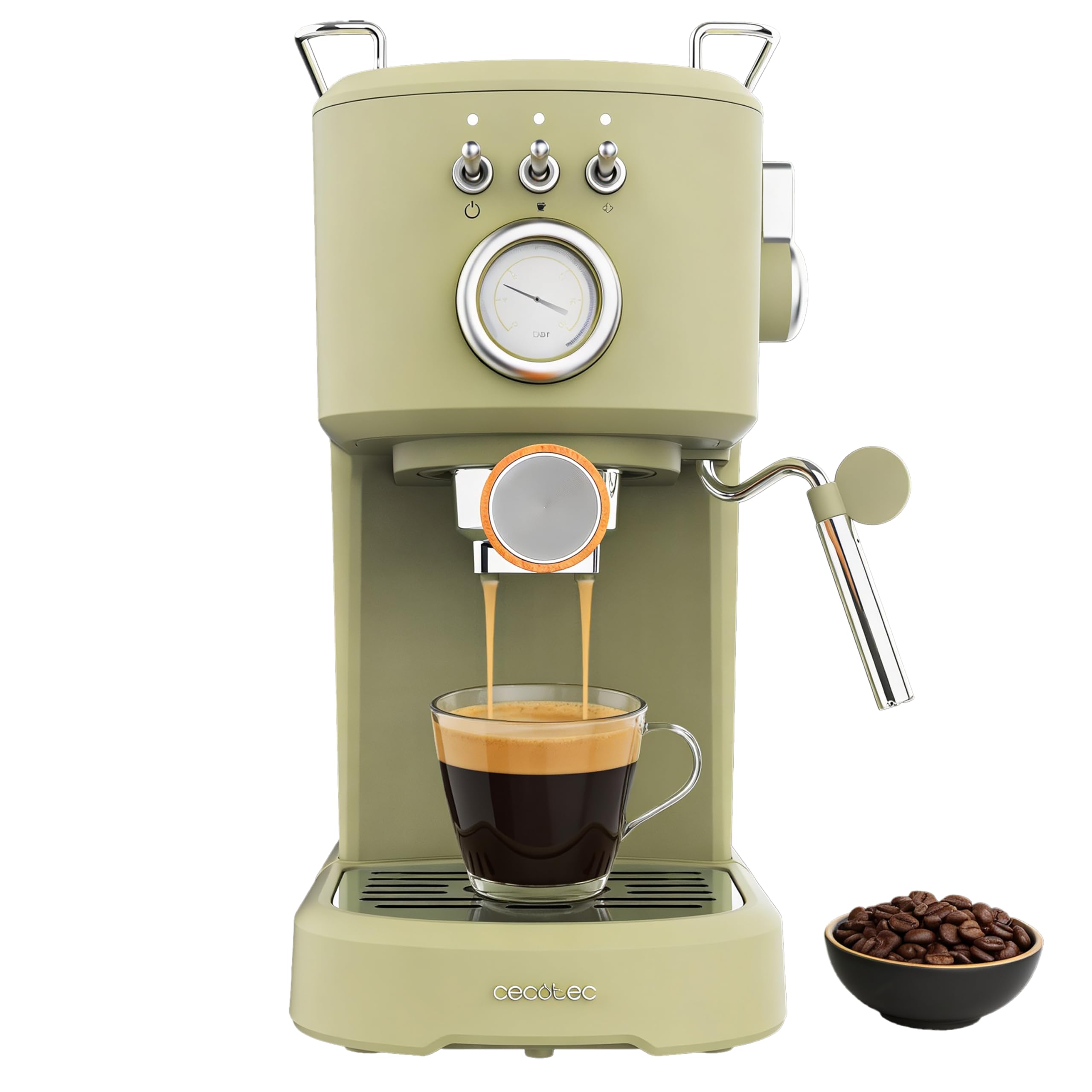 Cecotec Espresso Coffee Maker Power Espresso 20 Retro Green Elite. 1100 W, 20 Bars, Steamer Steamer, Portafilter Arm with Dual Output and 2 Filters, 1.25 Litres