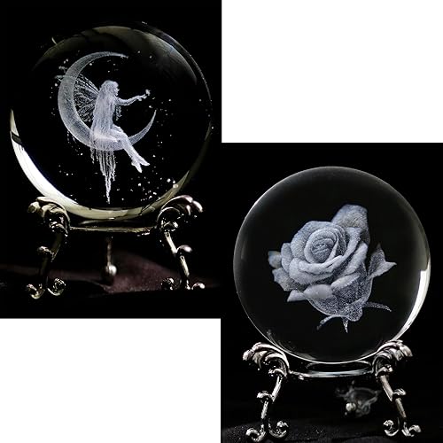 vskikris 3D Moon Fairy and Rose Flower Crystal Ball Paperweight - Home Decor Gifts