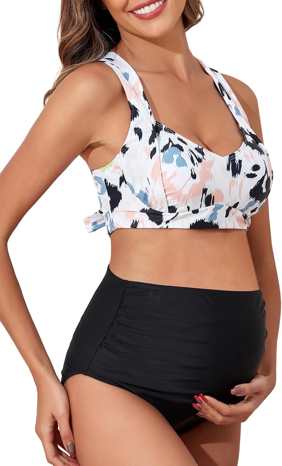 (Size:M) Summer Mae Maternity Swimsuit Two Piece Ruched Bikini Set High Wasited Bathing Suit Full Coverage Pregnancy Swimwear Medium Leopard-watercolor Print