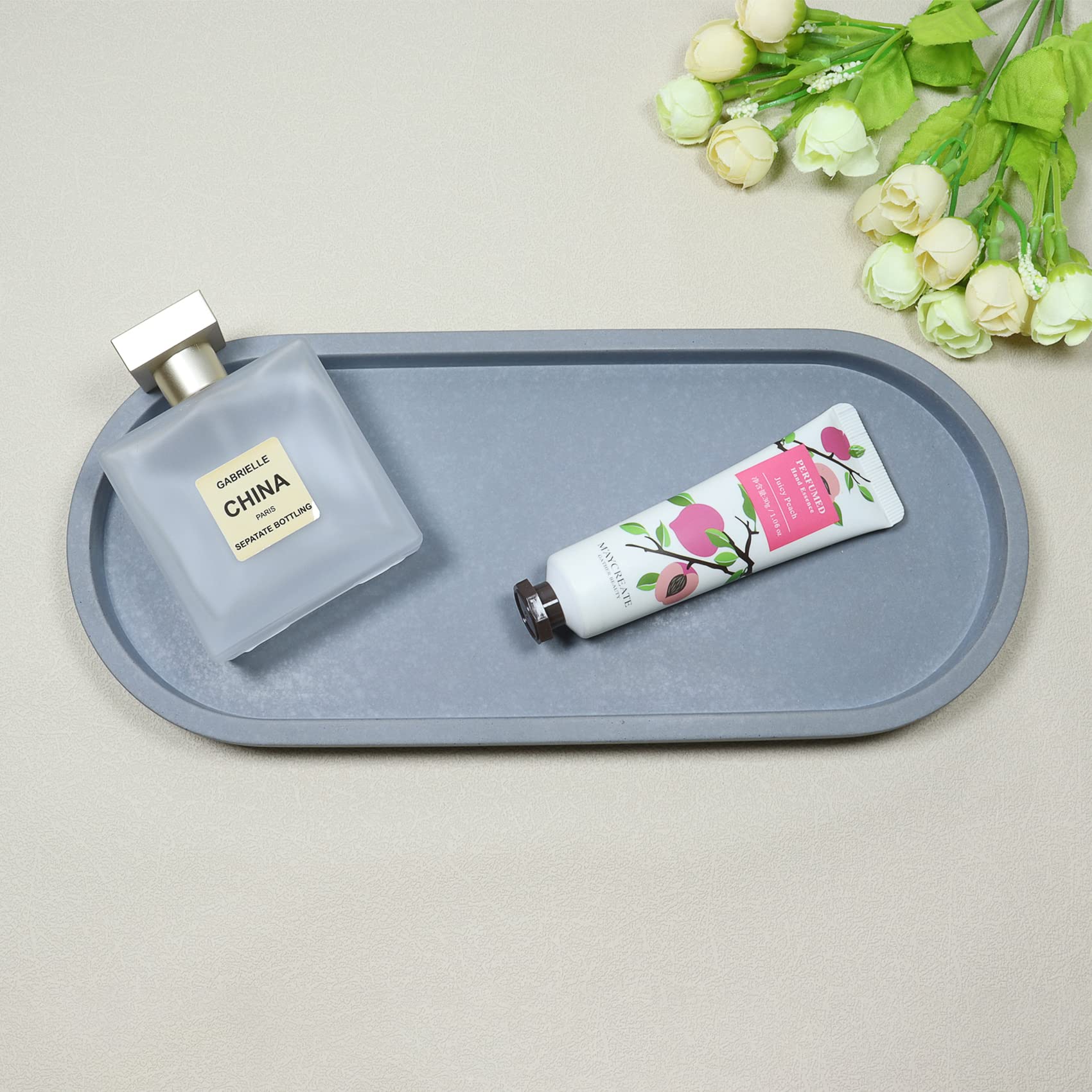 Concrete Oval Vanity Tray,Bathroom Trays for Counter,Concrete Tray for Bathroom Organizer and Home Decor,10.7L x 4.6W x 0.8H inches(Gray)