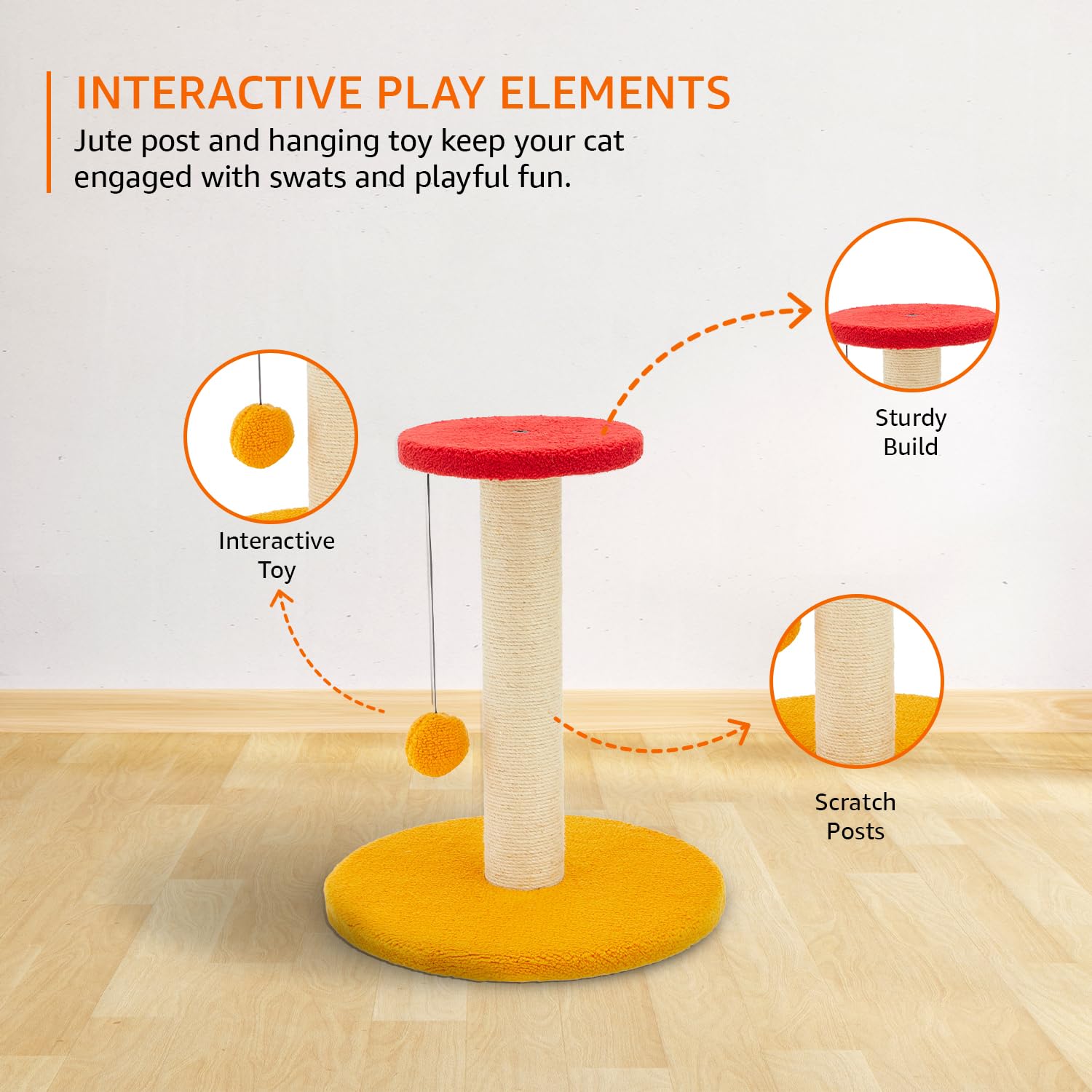Amazon Basics Cat Scratching Pole and Perch, with Hanging Ball, Red and Yellow, Natural Jute, Sturdy Wooden Base, 44cm (S) 2