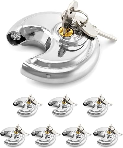 QWORK Candado de disco con llave similar, paquete de 8 candados de disco de acero inoxidable con grillete de 38 pulgadas, 2-34 pulgadas de ancho,