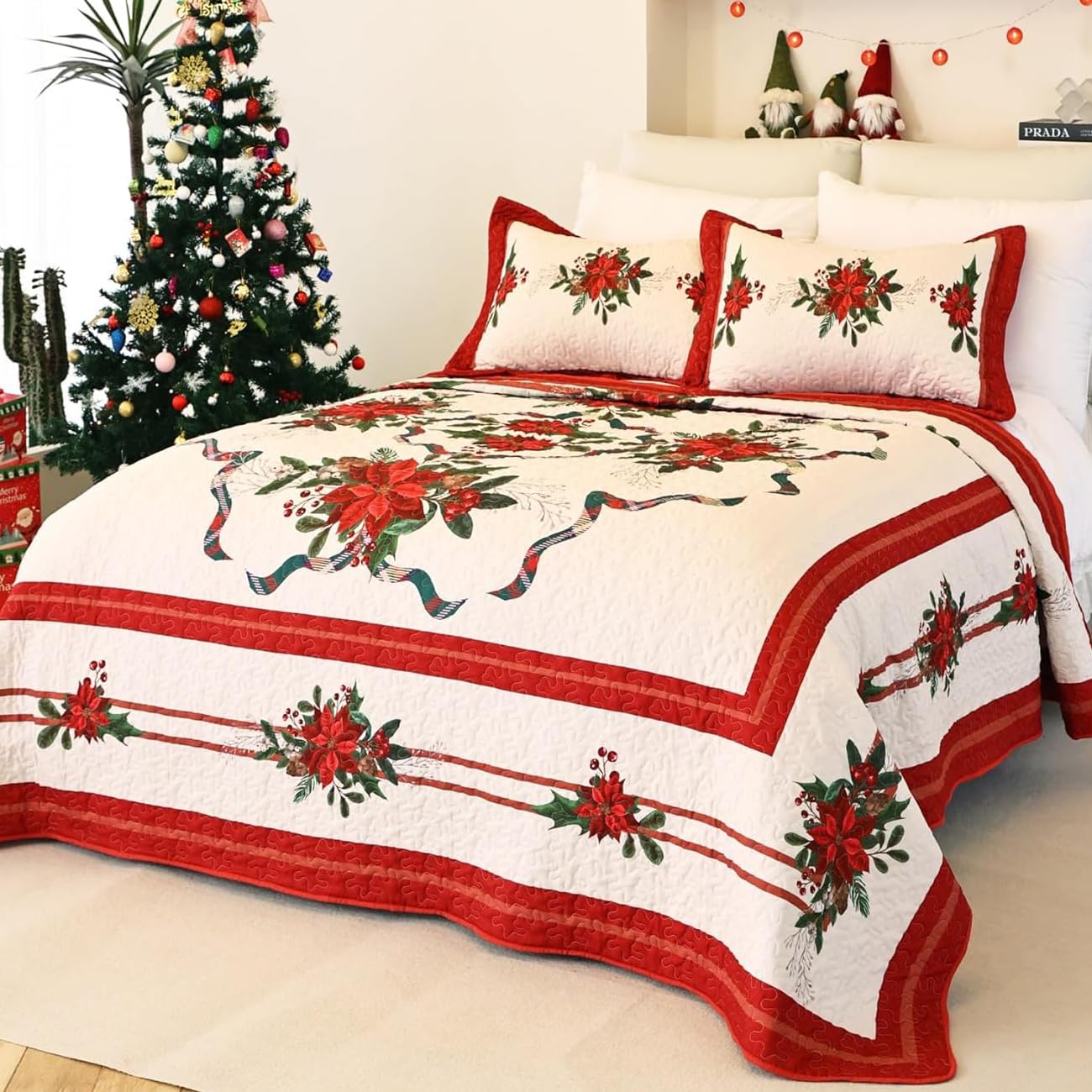 EVENHUG Queen Size Quilt Christmas Theme Bedding Set with Pillow Shams Reversible Red Floral Bedspread Coverlet Lightweight Christmas Holiday Bed Cover for Bedroom Home Decoration (92