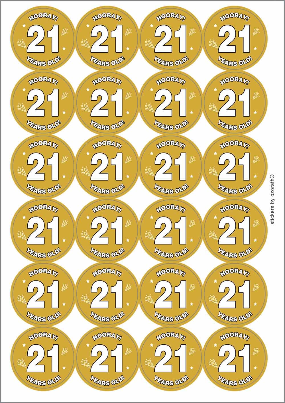 Hooray 21 Twenty One Twenty First 21st Birthday Circular Matt Paper Stickers A4 Sheet of 24 (Each Sticker is 45mm Diameter)