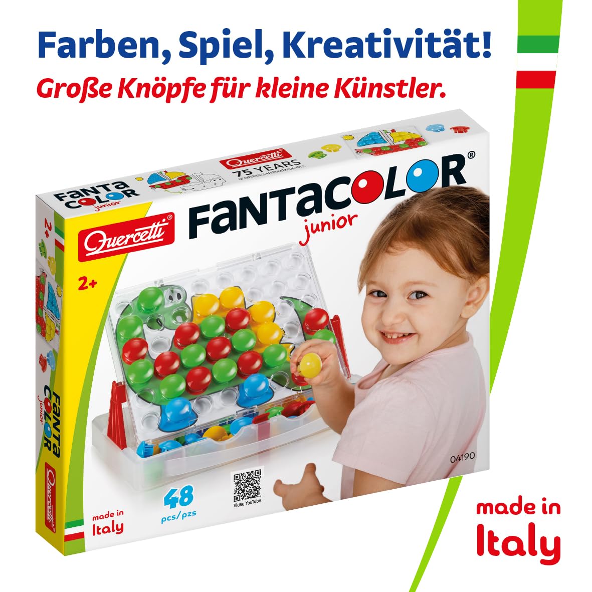 Quercetti Fantacolor Junior 48, Montessori Spielzeug 2 Jahre, Mosaik Spiel mit Magnetspiel Funktion, Lernspiele Kinder, Reisespiele, Geschenk Mädchen
