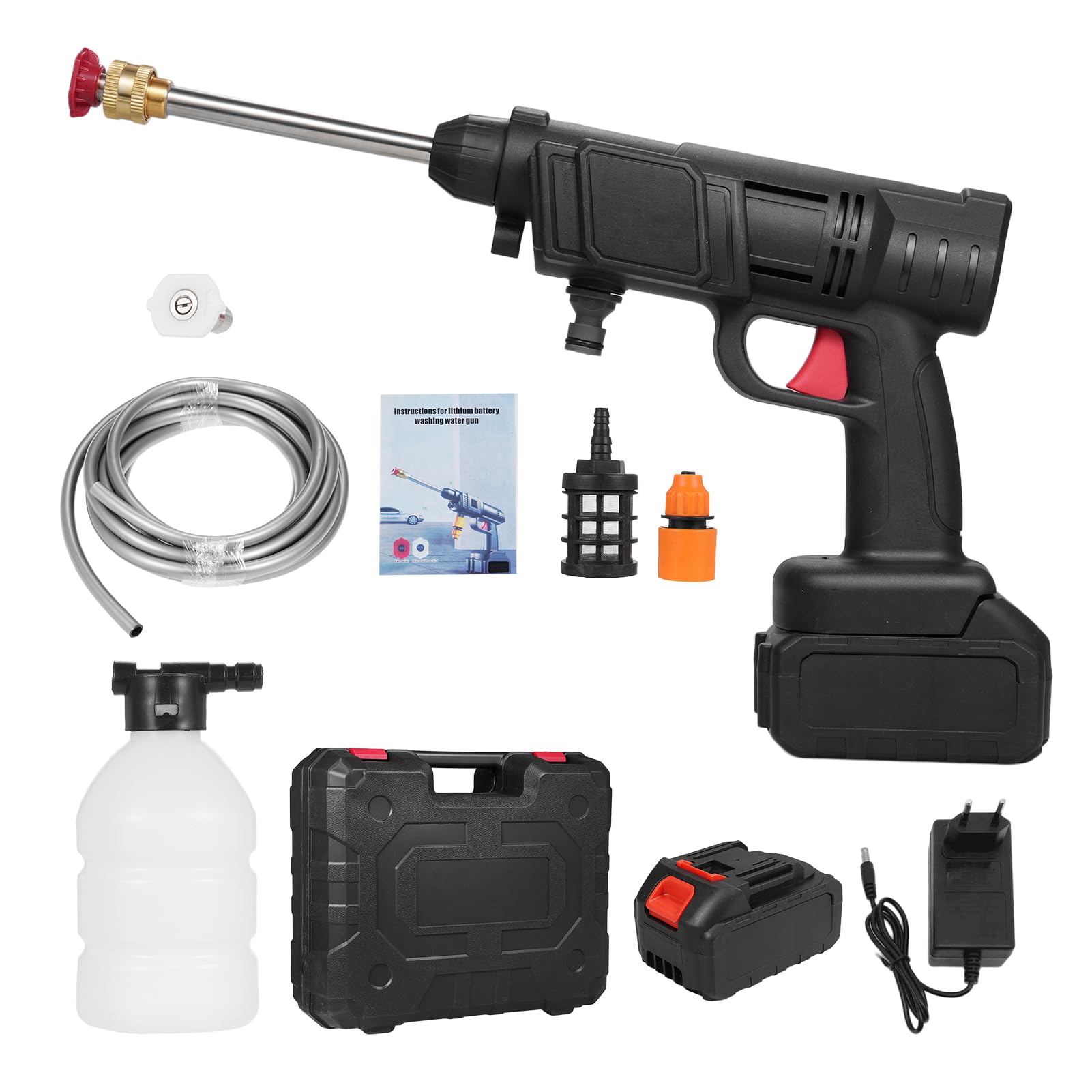 Pistola de Alta Presión Portátil, Hidrolimpiadora Bateria de 21 V, Presión Máxima de Agua 350 PSI, con 2 Baterías de 3000mAh y 5m Manguera, Lavadora a Presión Inalámbrica para Plantas y Coches