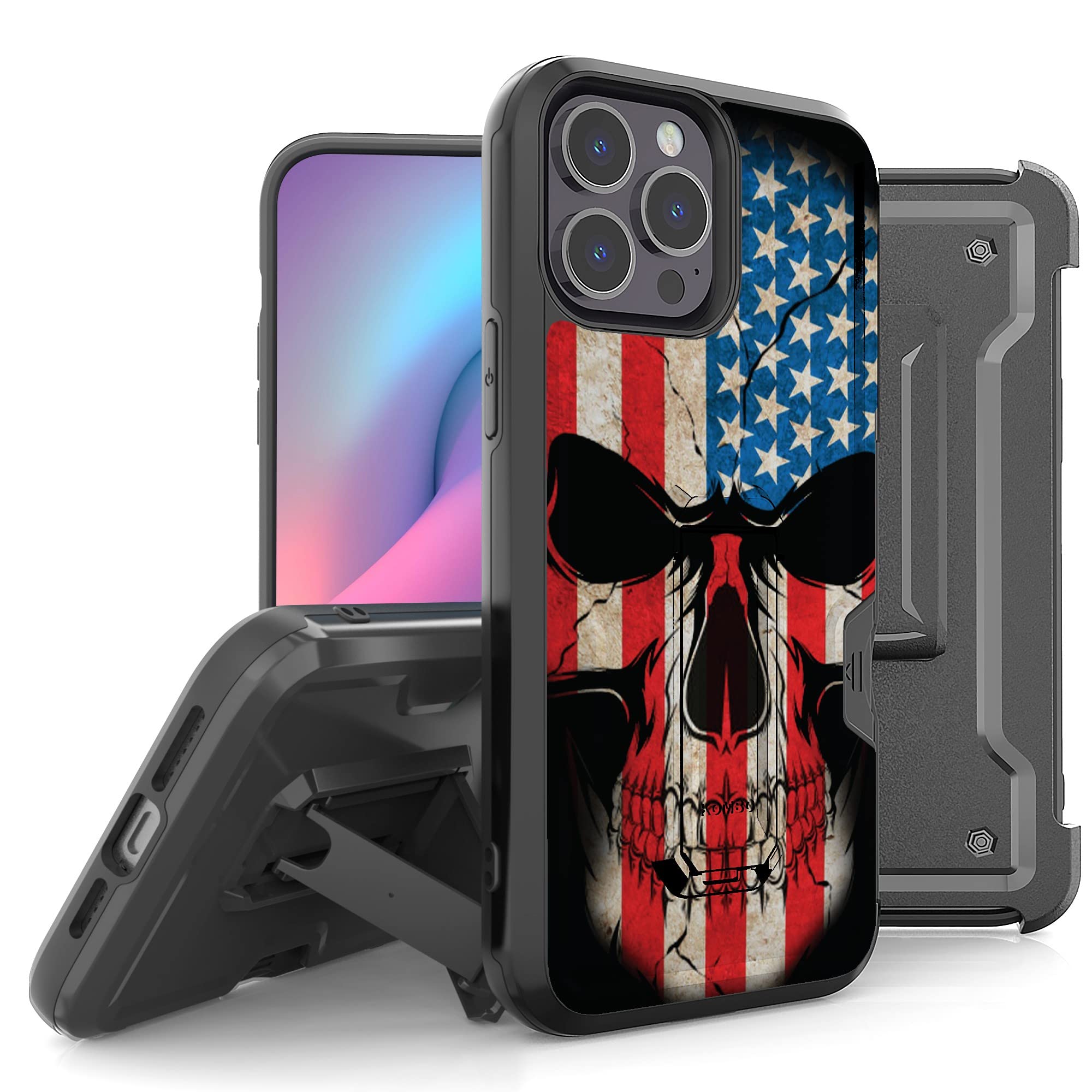BEYOND CELL Compatible with Apple iPhone 12 Pro, Armor Kombo Kickstand Case with Belt Clip Holster, Hybrid Rugged Heavy Duty Shockproof Drop Protection Us Flag Skull 2