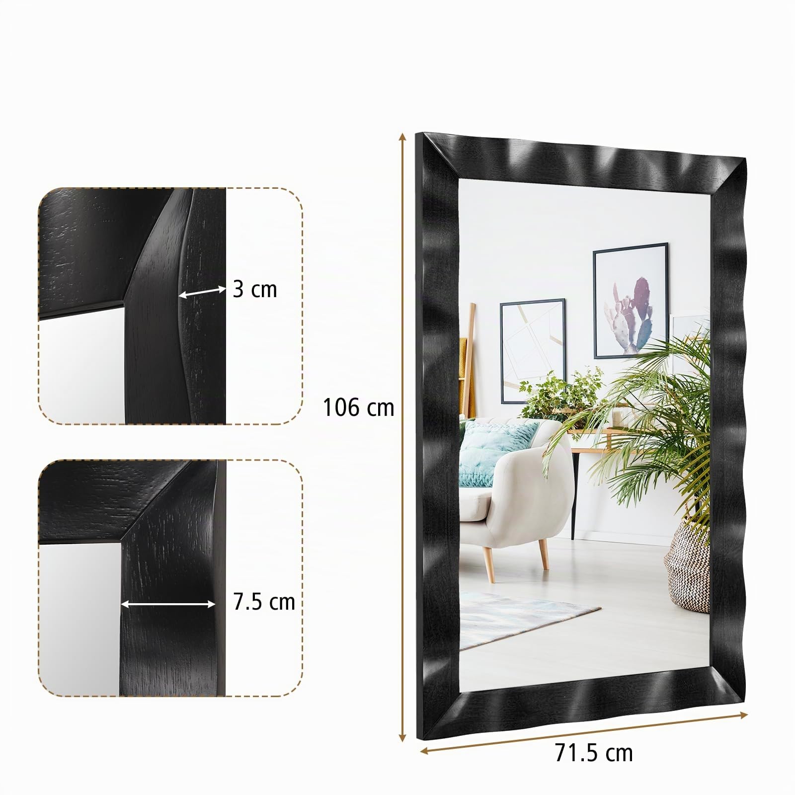 LIFEZEAL Espejo de Pared, 106x71,5 cm, Espejo Decorativo con Marco de Madera de Caucho, Espejo Rectangular para Dormitorio, Pasillo, Entrada (Negro)