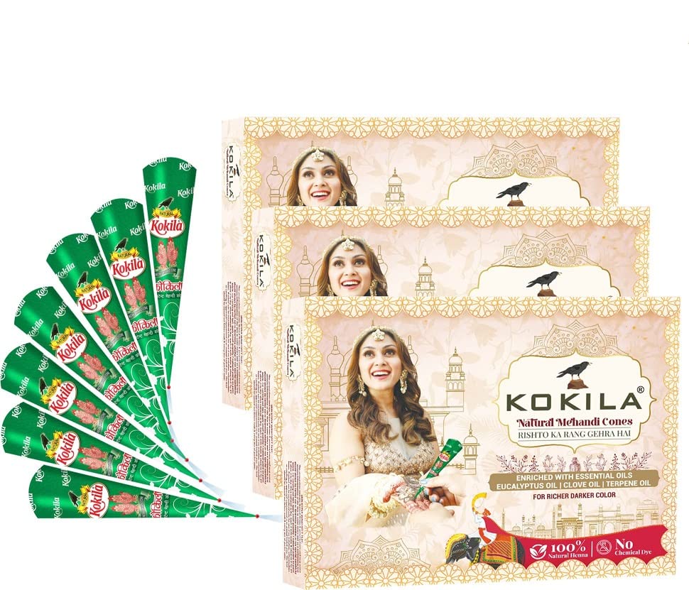 Kokila Natural Mehandi Cones - 3 Box (36 Cones - 25g Each Cone) - Enriched with Essential Oils, Eucalyptus Oil, Clove Oil, Terpene Oil For Richer Darker Color