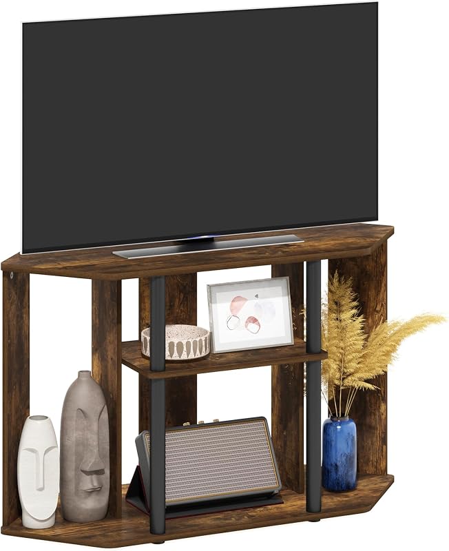 Furinno Classic Stand with Plastic Poles for TV up to 43-Inch, Amber Pine/Black