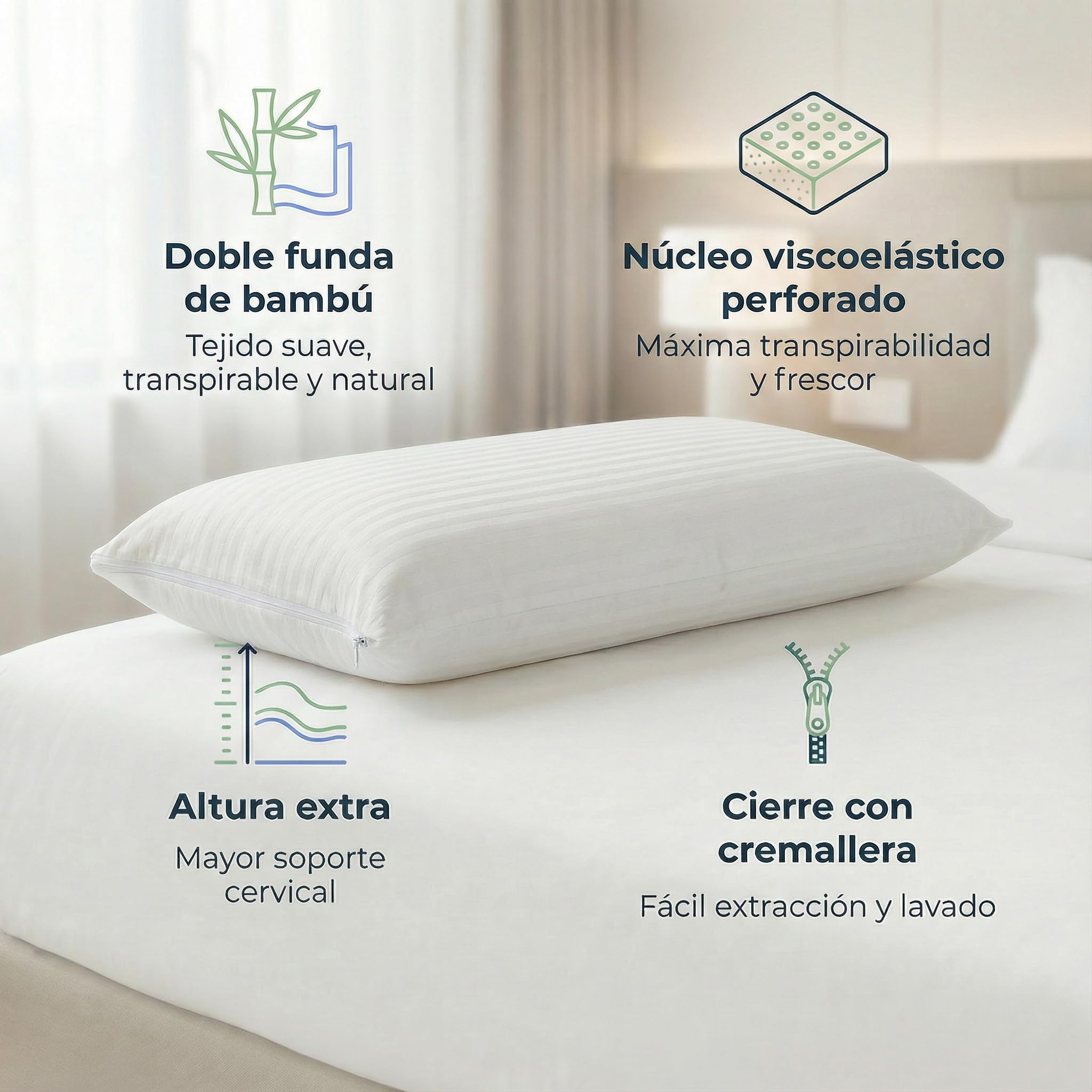 Velfont Almohada viscoelastica visco Bambu Micro-Perforada Transpirable Altura Extra 70cm
