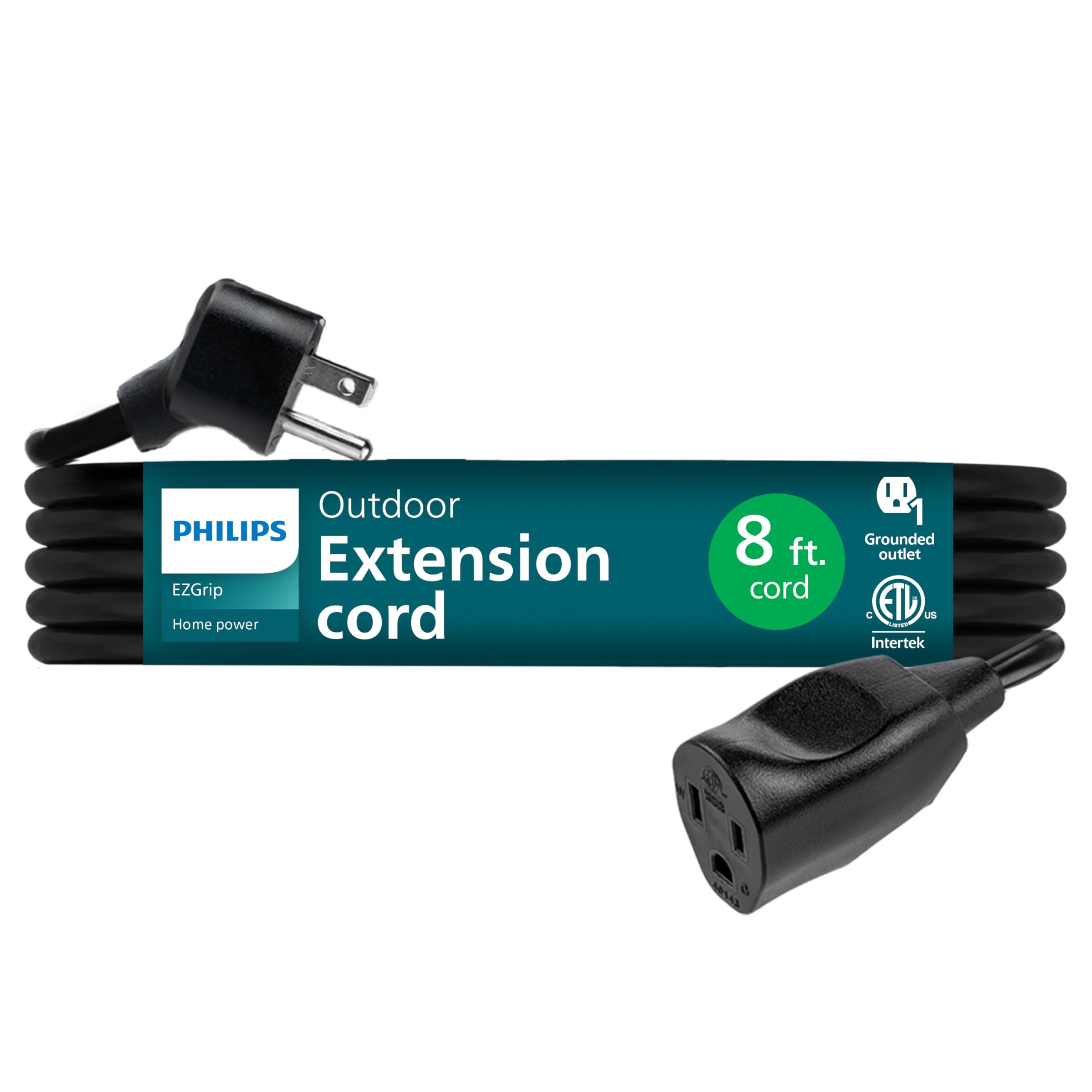 Philips EZGrip 1-Outlet Outdoor Extension Cord, Grounded 3 Prong Cord, Heavy Duty Extension Cord, 8 Ft, 16 AWG, Black, SPS3124B/37