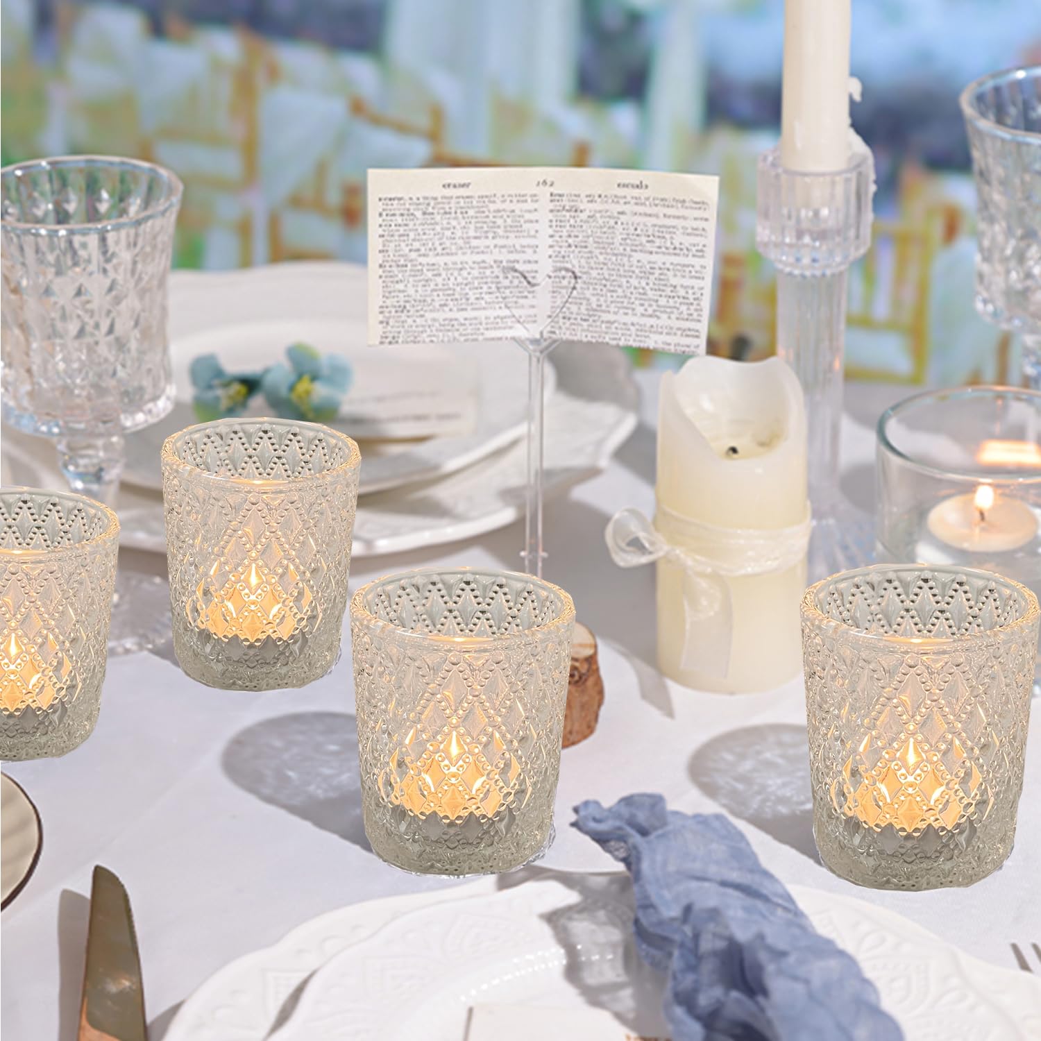 Lot De 12 Photophores En Verre Bleu Transparent - Bougeoirs Pour Bougies Chauffe-plat, Décoration Mariage Et Table - 3