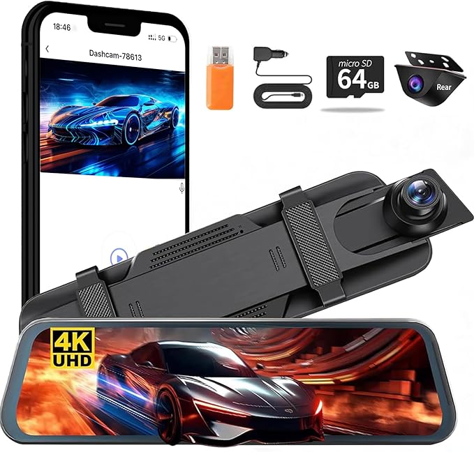 Mirror Dual Dash Camera for Car, Dashcam 4K Front 1080P IMX307 Rear View/ADAS BSD LCA Wi-Fi&APP WDR Night Vision G-Sensor Loop Recording Parking Monitor 64GB Card
